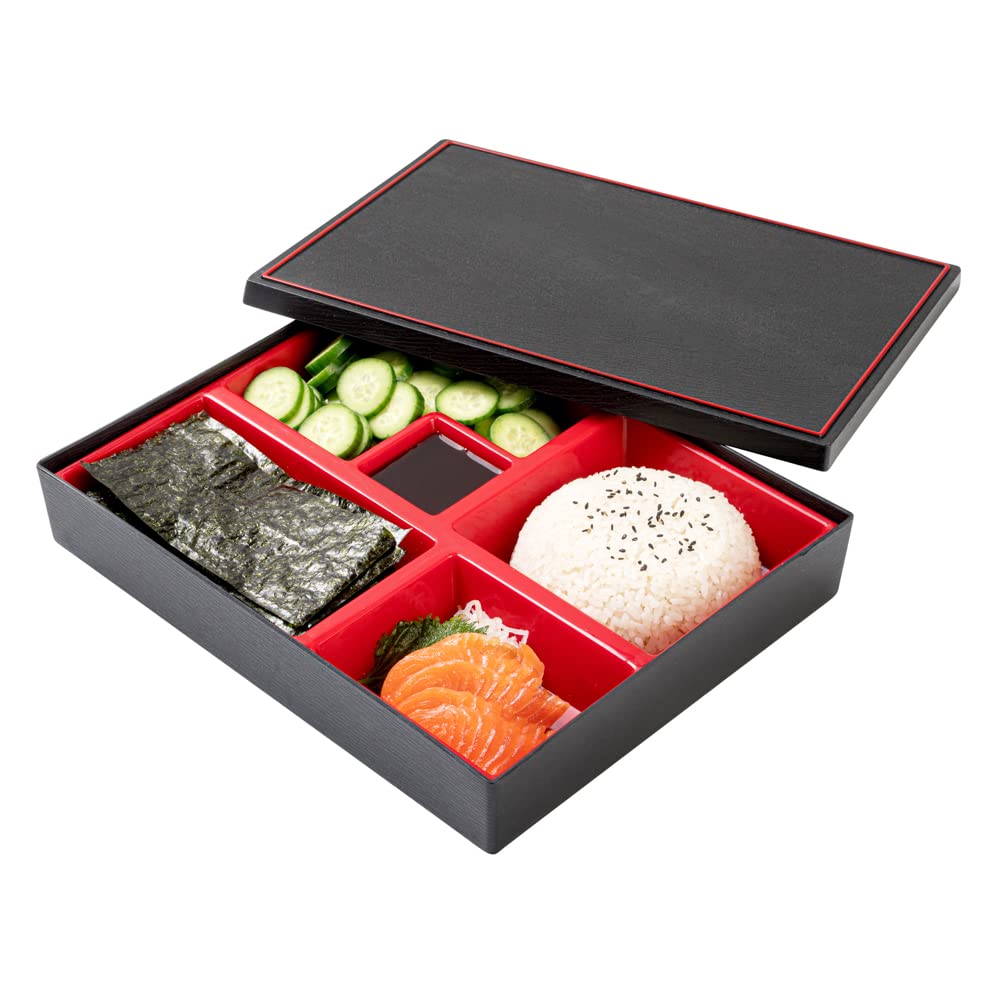 Restaurantware Bento Tek Rectangle Black & Red Large Japanese Style Bento Box - 5 Compartments - 12 1/4'' X 9 3/4'' X 2 1/4'' -