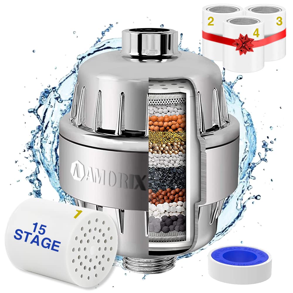 Shower Filter, 15 Stage Shower Head Filter For Hard Water High Output Shower Water Filter Shower Water Softener With 4 Replaceab