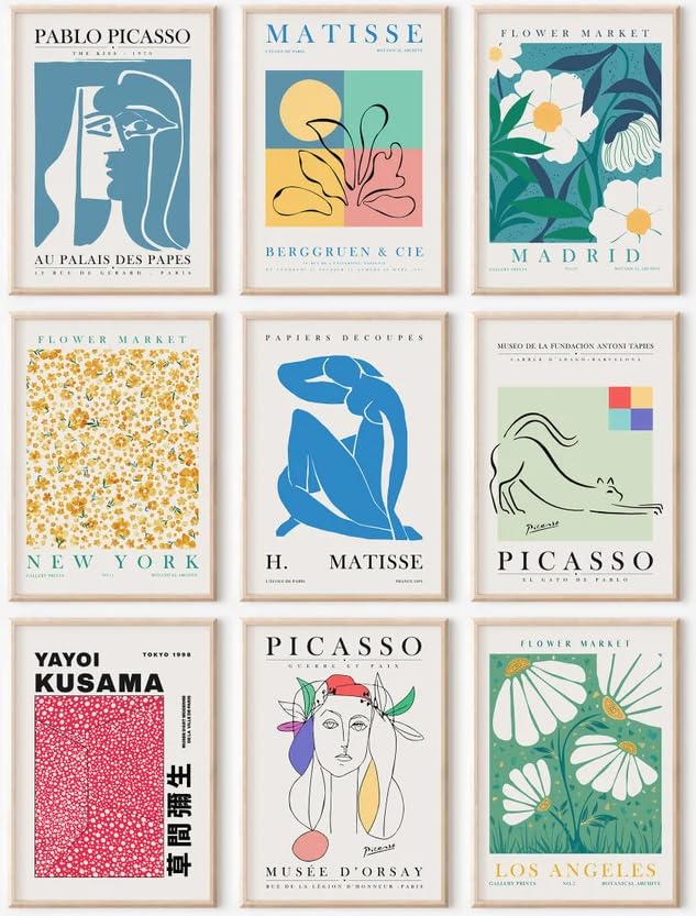 Eclectic Gallery Wall Art Set Of 9, Abstract Matisse Poster Flower Market Prints, Minimalist Wall Decor Canvas Paintings, Trendy