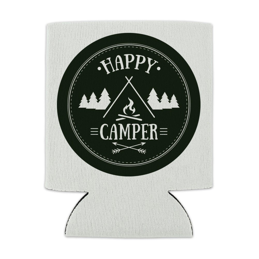 Happy Camper With Campfire Can Cooler - Drink Sleeve Hugger Collapsible Insulator - Beverage Insulated Holder