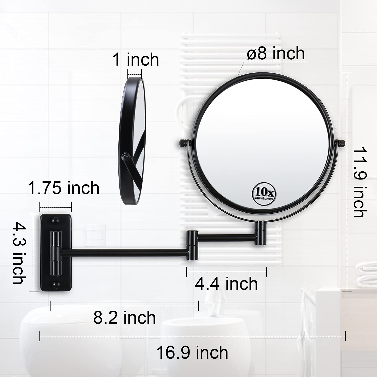 Lansi Wall Mounted Makeup Mirror - 1X/10X Magnifying Mirror 360 Extendable Arm Mirror For Makeup, 8 Inch Double Sided Vanity Mir