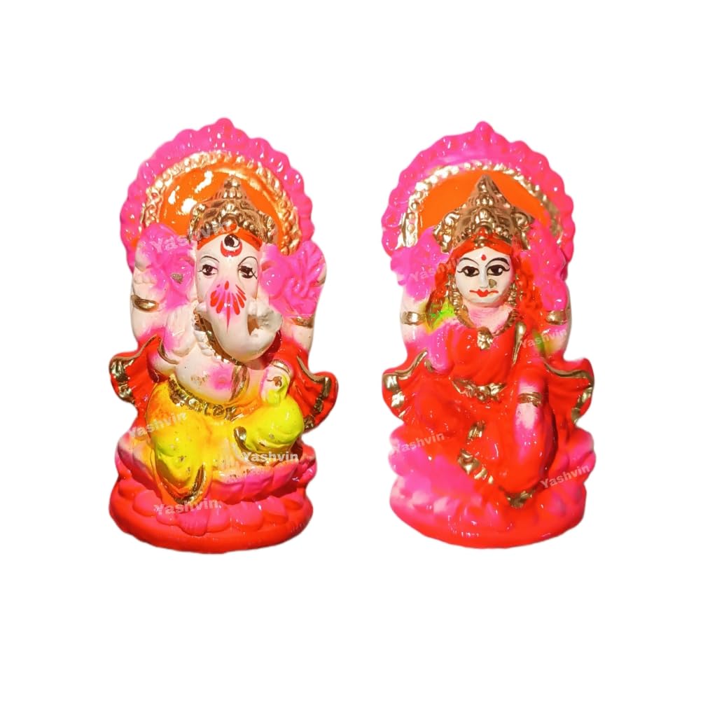 Yashvin Rd Colorful Laxmi Ganesh Ji Idol For Diwali Puja Small Eco Friendly Pair For Home Office Diwali Puja Religious God Handm