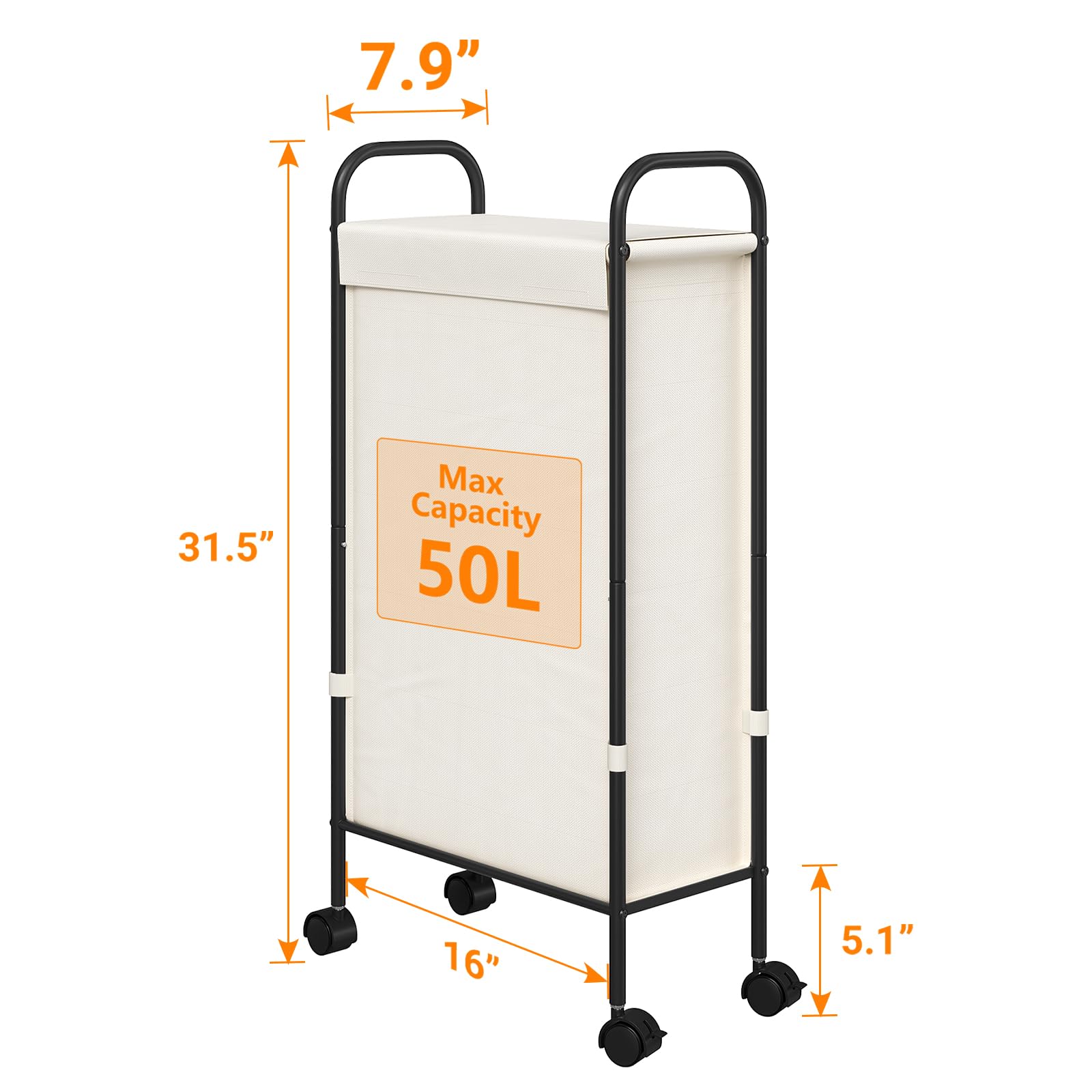 Elyken Slim Laundry Hamper With Lid, 50L Small Rolling Laundry Basket On Wheels, 7.9    Narrow Dirty Cloth Cart With Removable I