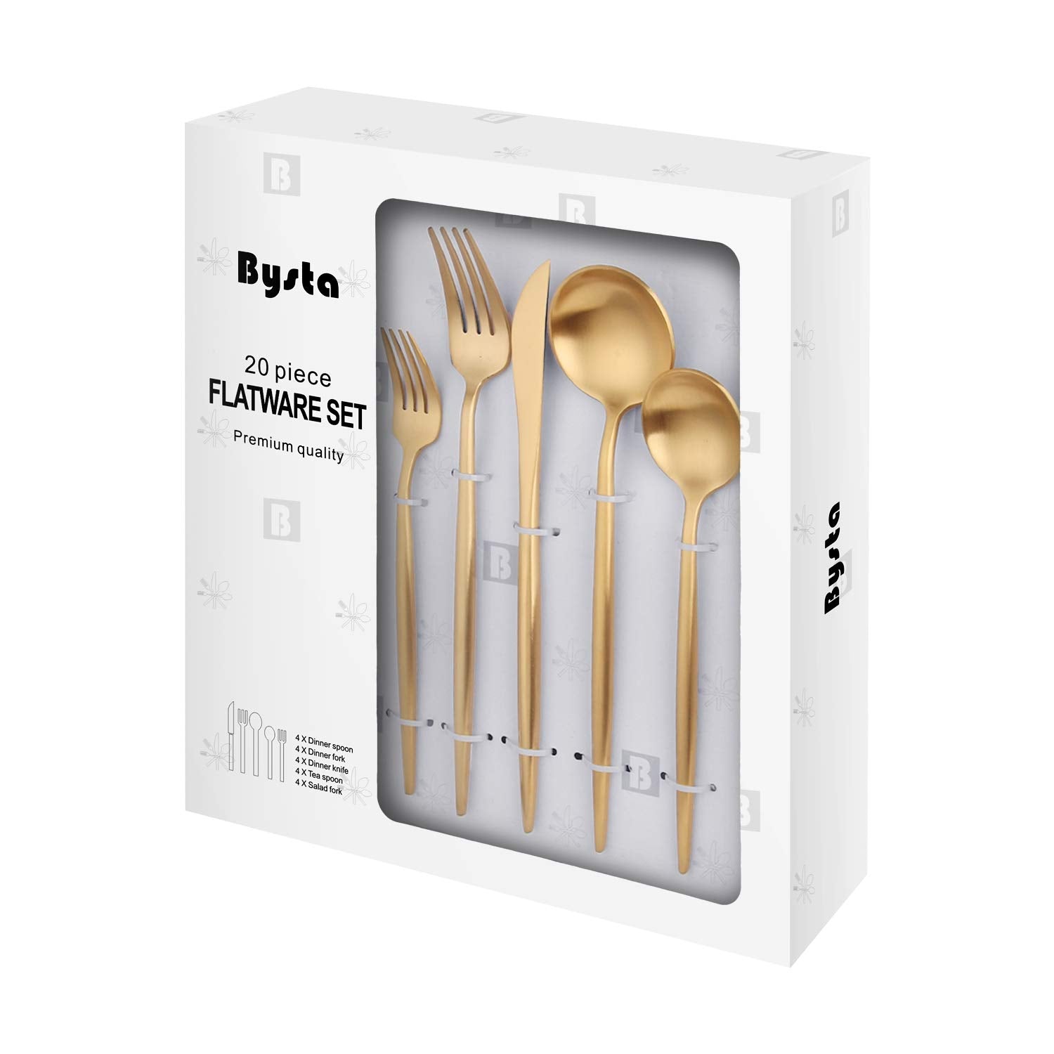 Matte Gold Silverware Set, Bysta 20-Piece Stainless Steel Flatware Set Cutlery Set Service For 4, Satin Finish, Dishwasher Safe,