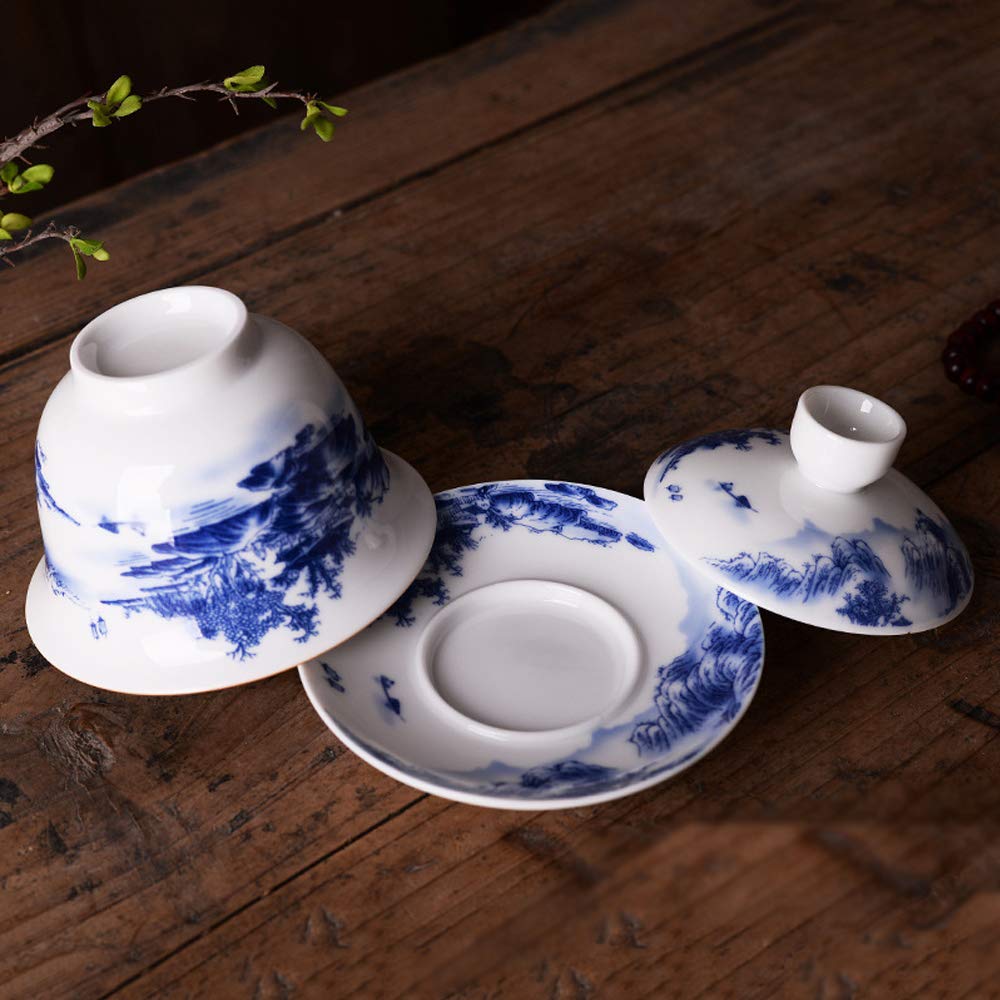 Jingdezhen Chinese Gaiwan Handmade 6.3Oz/180Ml Mountain Style China Blue And White Porcelain Gaiwan Kungfu Teacup Traditional Ch