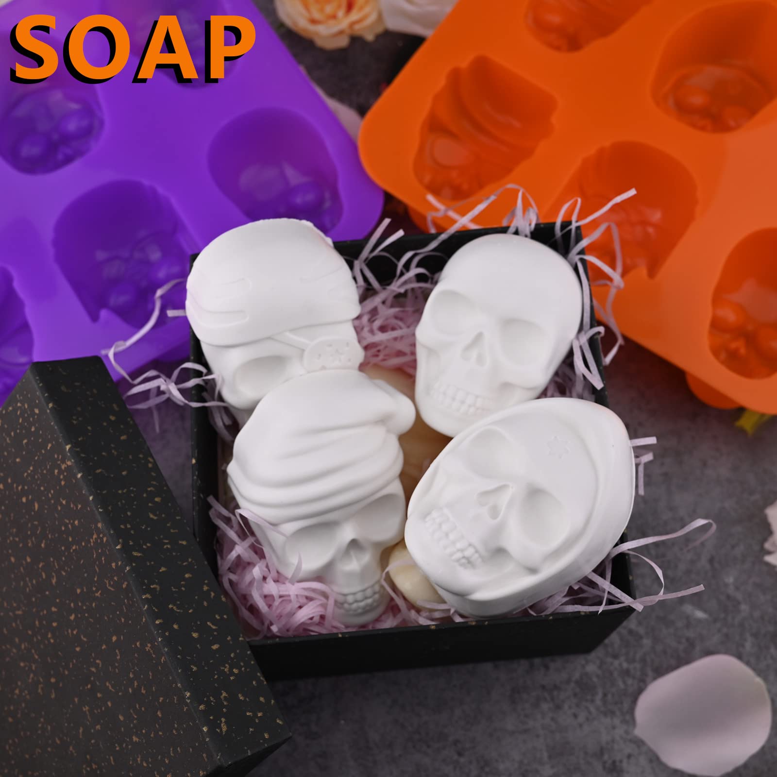Sakolla Large Skull Cake Pan Silicone Molds, 2 Pack 6 Cavity Halloween Skull Cakeletchocolate Molds Candy Pizza Baking Molds Han