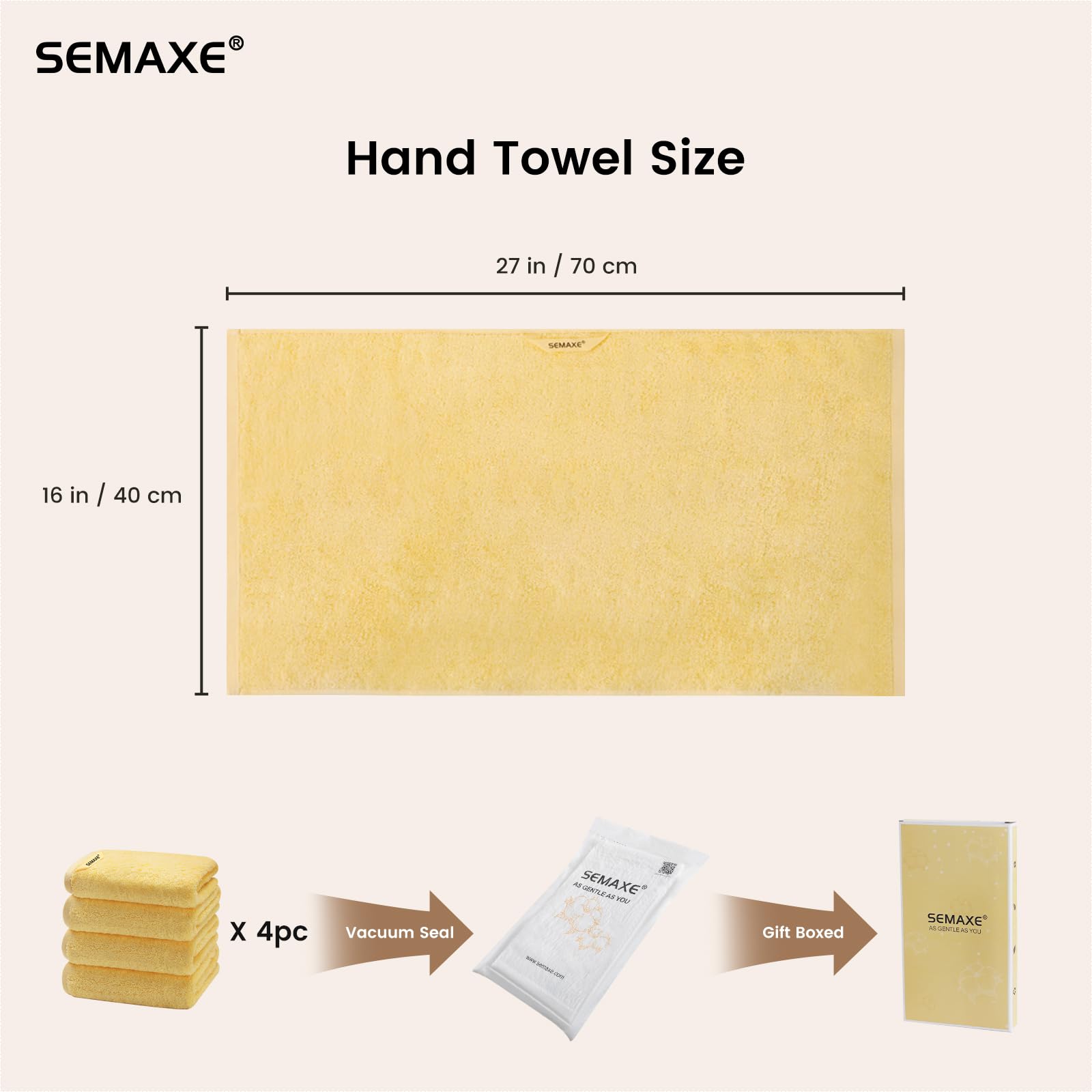 SEMAXE Hand Towel for Bathroom  Soft and Highly Absorbent Towel  100% Cotton Yellow Towel  Hotel & Spa Quality  16?x 27?  4 Pack