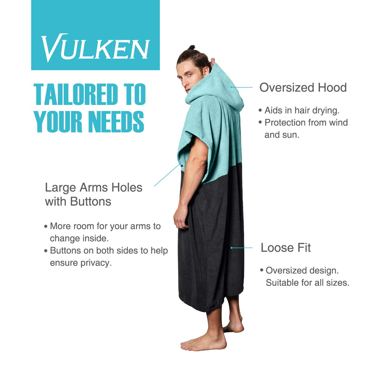 Vulken Extra Large Teal Blue Thick Hooded Beach Towel Changing Robe. Surf Poncho Men For Easy Change In Public. Quick Dry Microf