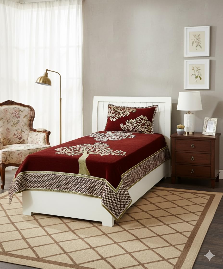 Fresh From Loom Chenille Floral 500 Tc Heavy Bedsheet For Single Bed With 1 Pillow Cover, Size  60 X 90 Inch Color  Tree Maroo