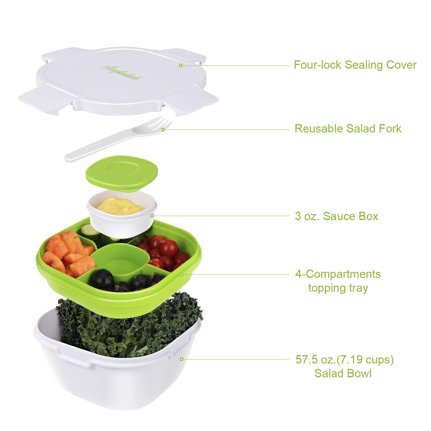 Upgraded Large Salad Bowl With Lid Leak-Proof 57.5Oz Stackable Salad Lunch Box With Larger Capacity Container And 3-Compartment