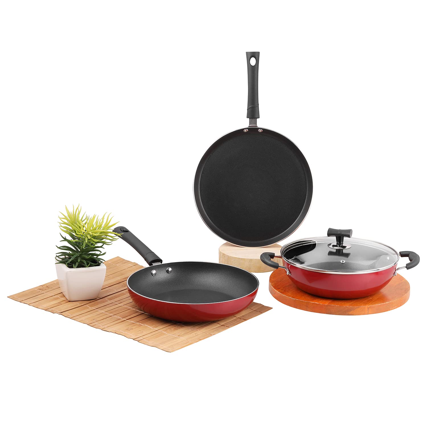 Vinod Popular Aluminium Non Stick Cookware Set Of 3|2.5 Litre Kadhai, 24 Cm Frypan With Common Glass Lid And 25Cm Dosa Tawa|3Mm 