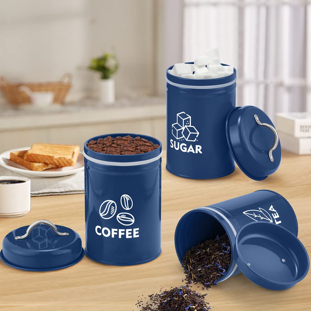 P&P Chef Navy Blue Kitchen Canisters Set Of 3, Metal Canister With Lid Set For Sugar Tea Coffee, Food Jars, Vintage Storage Cont