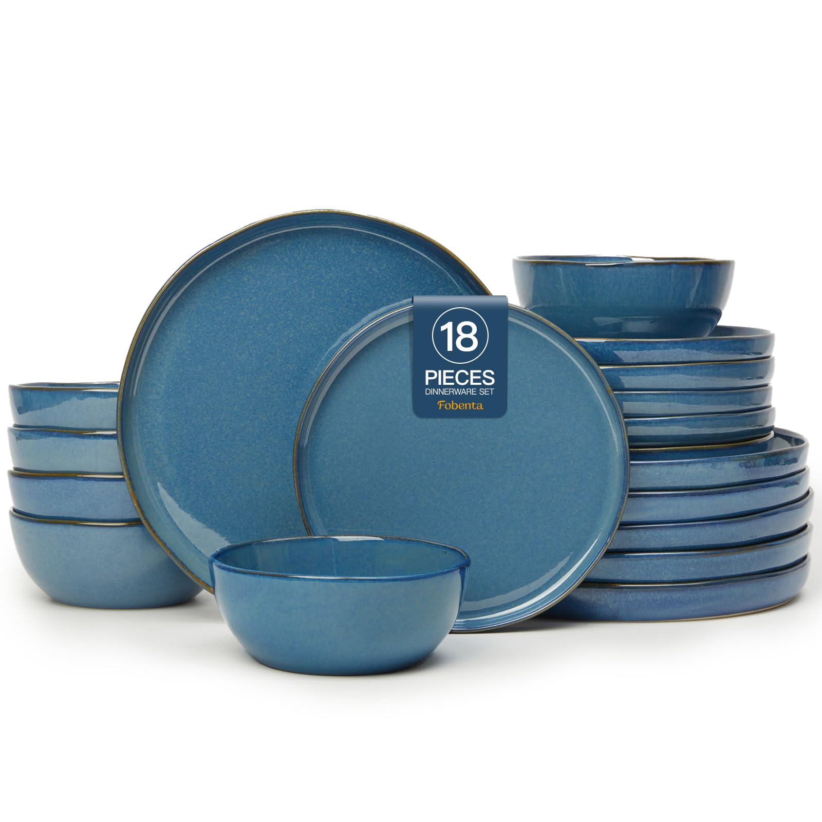 FOBENTA 18 Piece Slate Blue Ceramic Plates and Bowls Set,Minimalist Dinnerware Sets for 6 - Dark Dish Set with Sculpted Edge for
