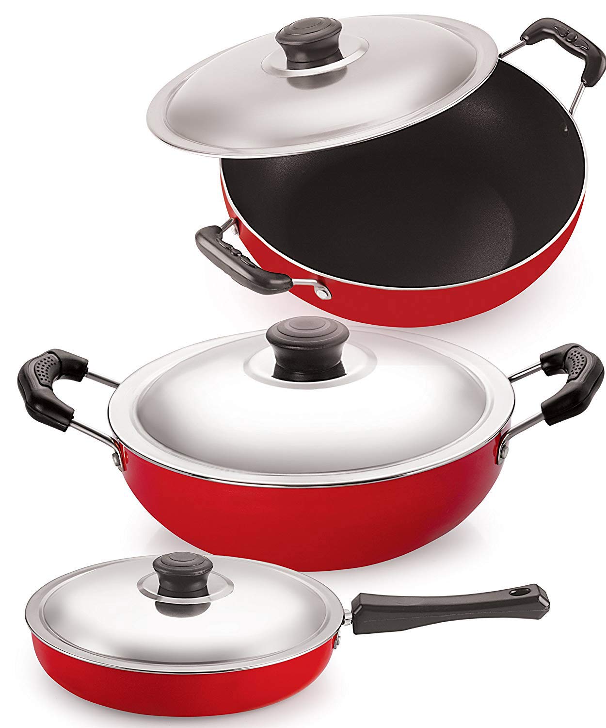 Nirlon Non Stick 3 Piece Combo Cookware Set Aluminium Red & Black