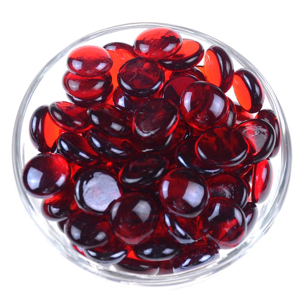 KINGOU Flat Glass Gems/Marbles/Stones/Beads for Vase Filler  Table Scatter  Games - 1 Lbs (17-19mm  Approx. 3/4'')-Red