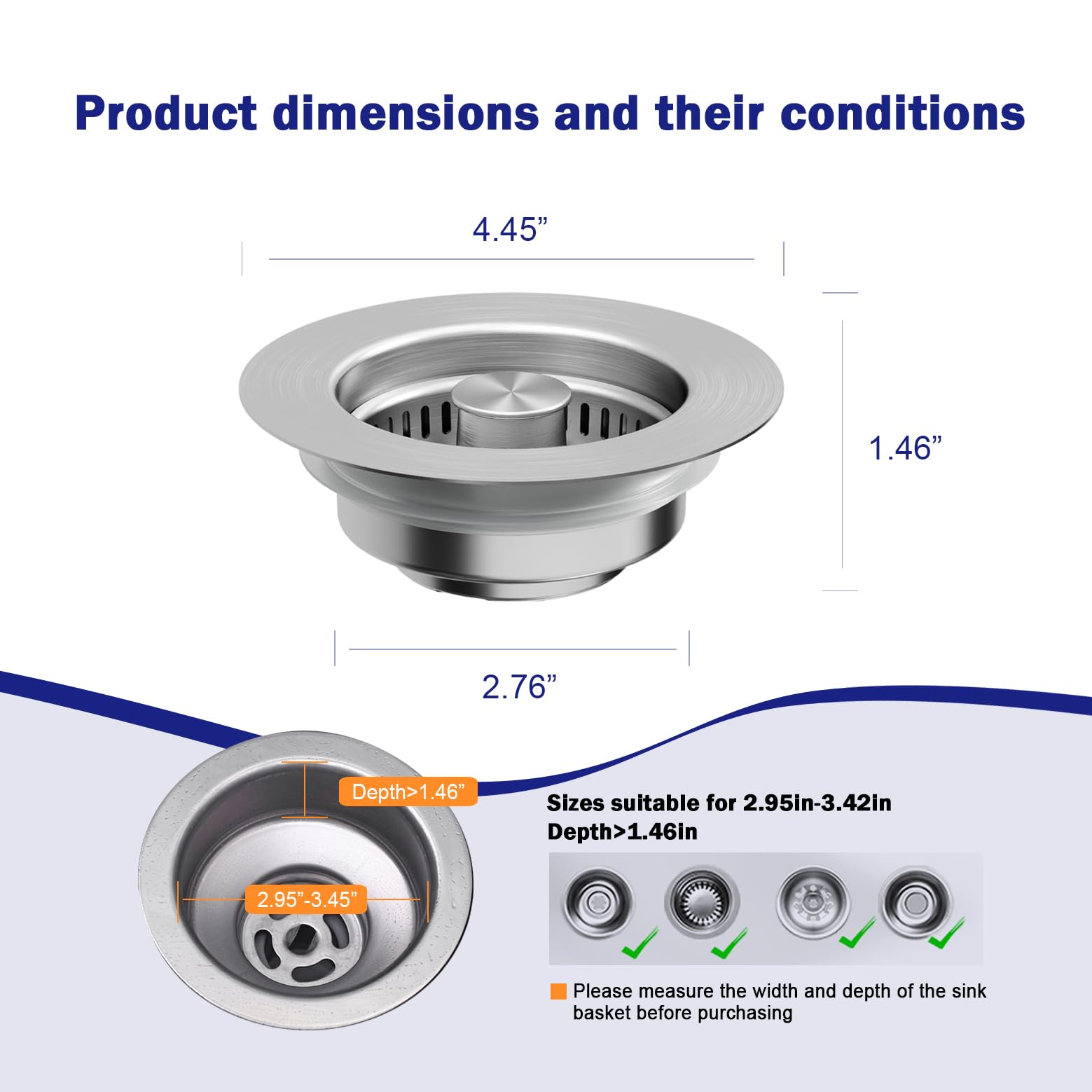 Yonisun 2Pcs Upgraded 3 In 1 Kitchen Sink Drain Strainer,Anti-Clogging Sink Food Catcher Basket, Stainless Steel Pop-Up Kitchen