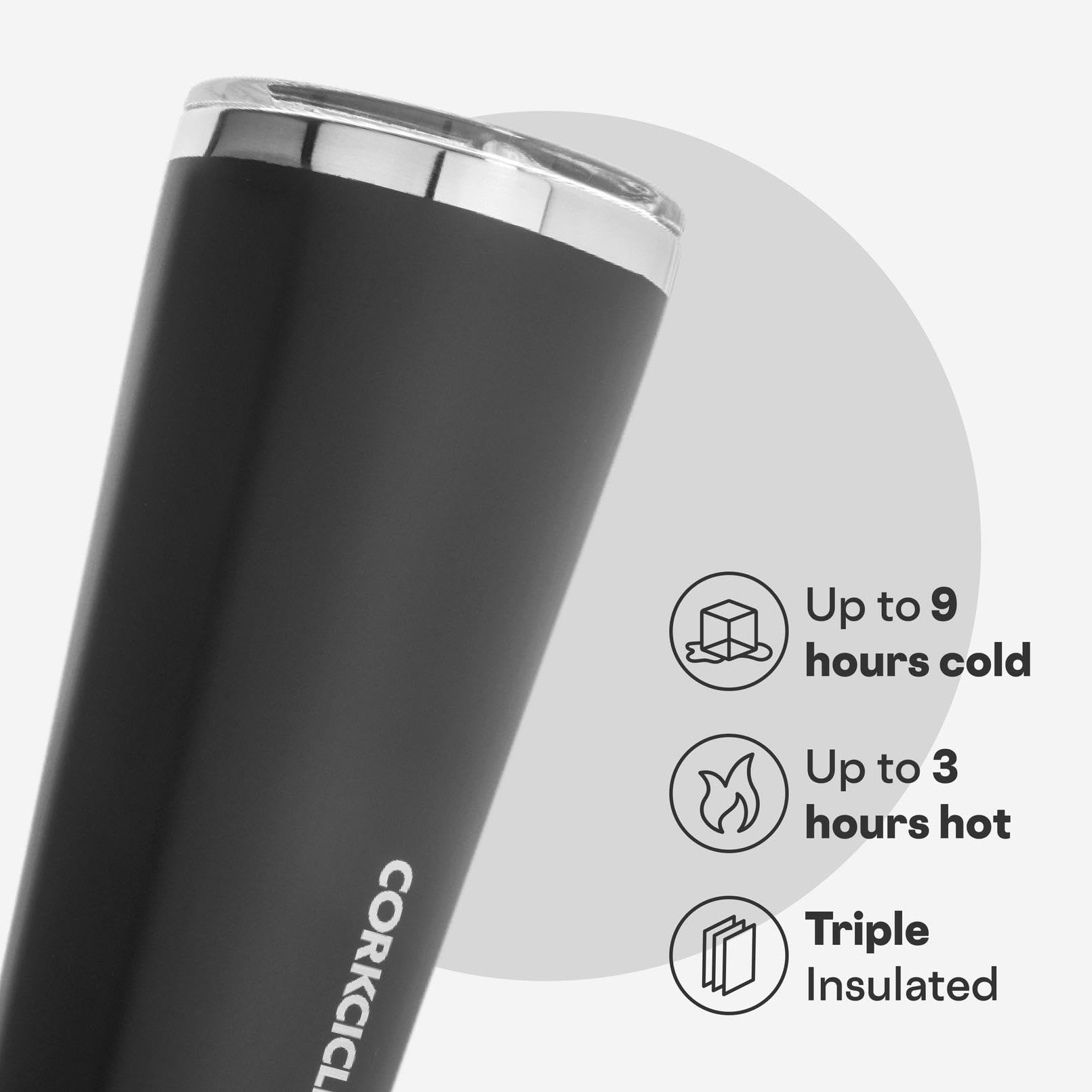 Corkcicle Travel Tumbler 16 oz - Insulated Stainless Steel Water Bottle, Matte Black, Spill Proof for Wine, Coffee, Tea