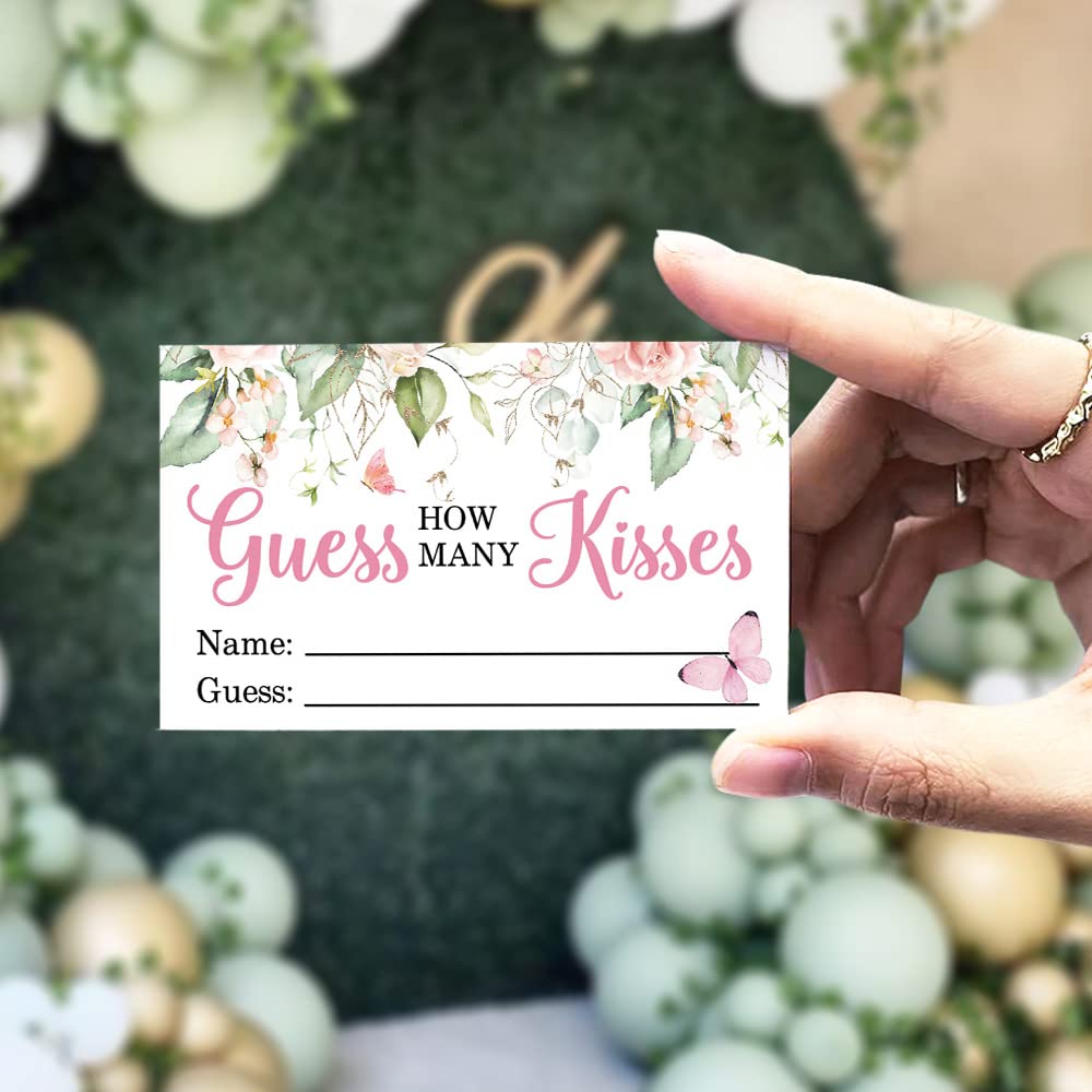How Many Kisses Bridal Shower Game Card 50 Pcs And 1 Standing Sign, Bridal Party Decorations, Floral And Butterfly Girl Baby Sho