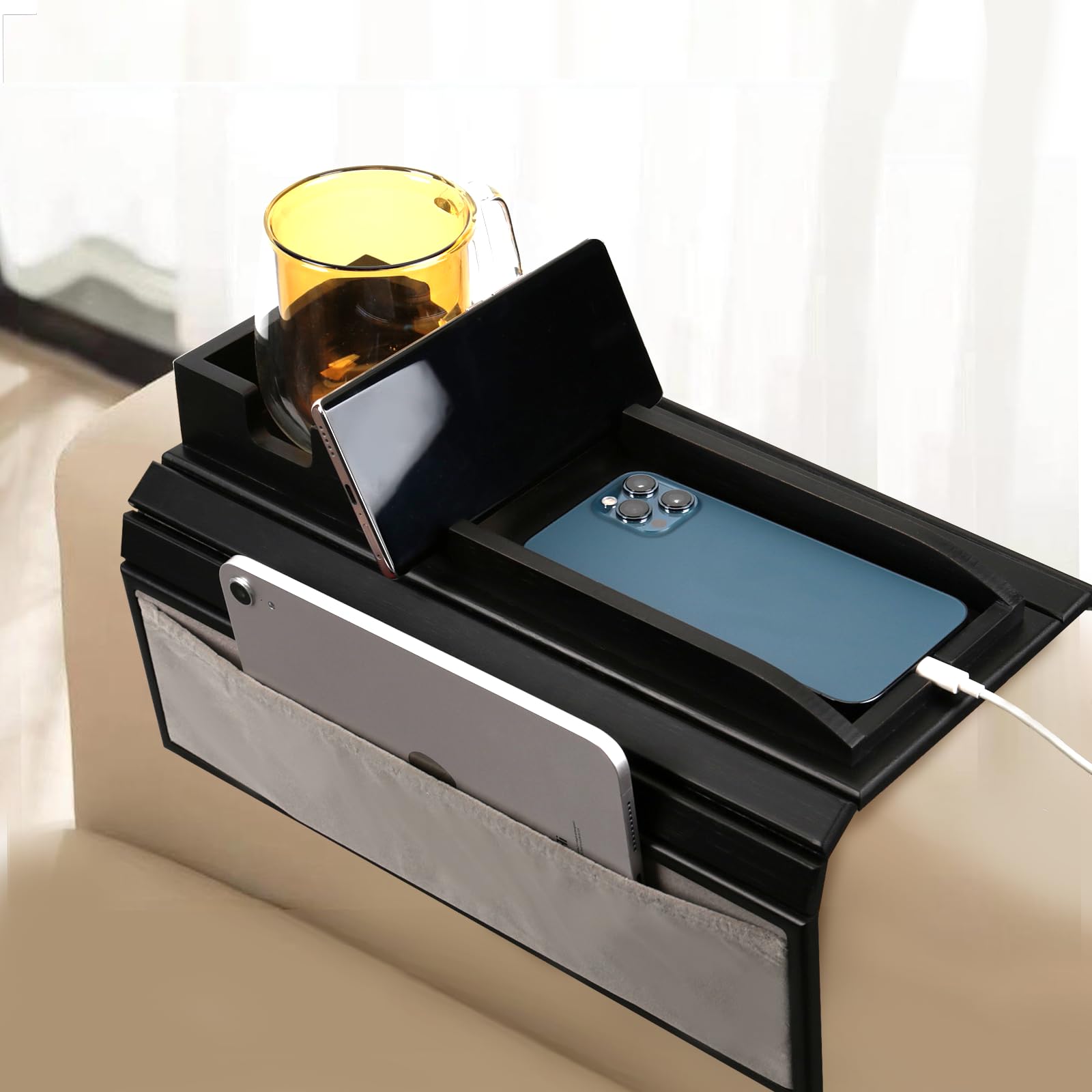 Giifer Couch Cup Holder Tray,Couch Arm Table With Side Storage Pocket,Couch Arm Tray With Anti-Slip Design, Natural Bamboo Sofa