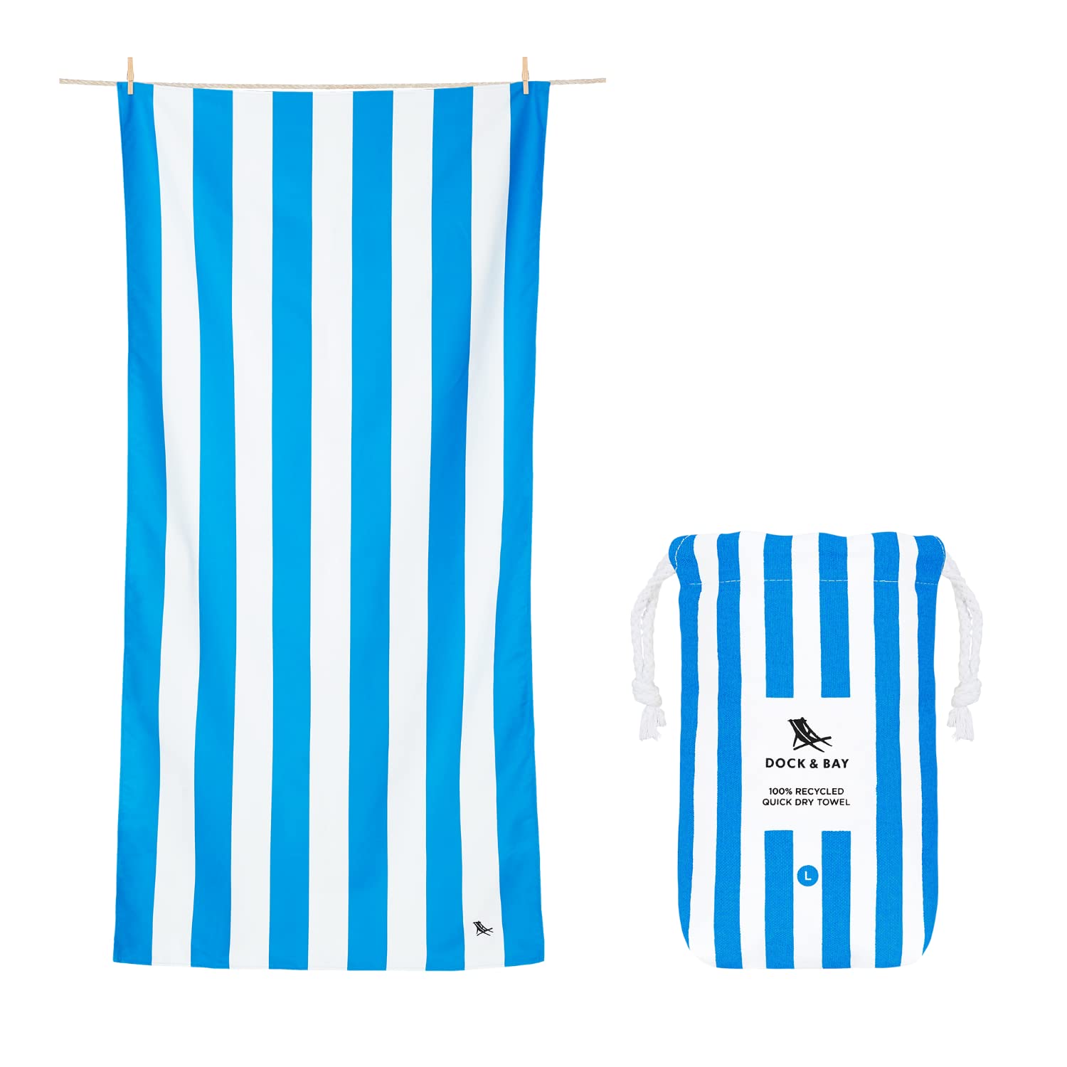 Dock & Bay Beach Towel - Quick Dry, Sand Free - Compact, Lightweight - 100% Recycled - Includes Bag - Cabana - Bondi Blue - Extr