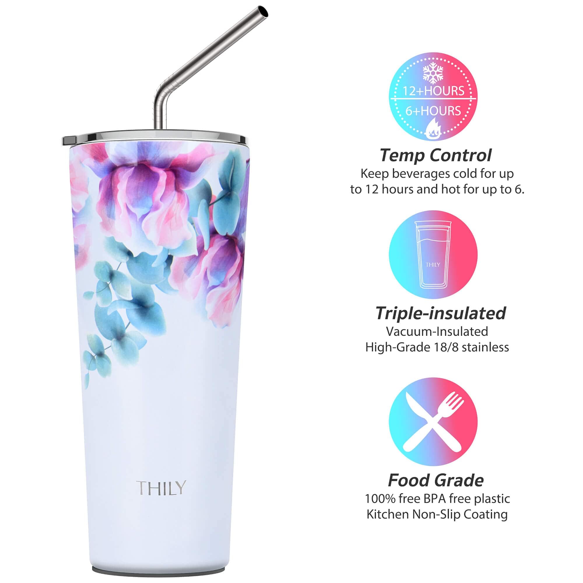 Thily Stainless Steel Vacuum Insulated Tumbler Travel Mug 26 Oz Coffee Cup With 2 Lids And Straws, Splash Proof, Keep Ice Drinks