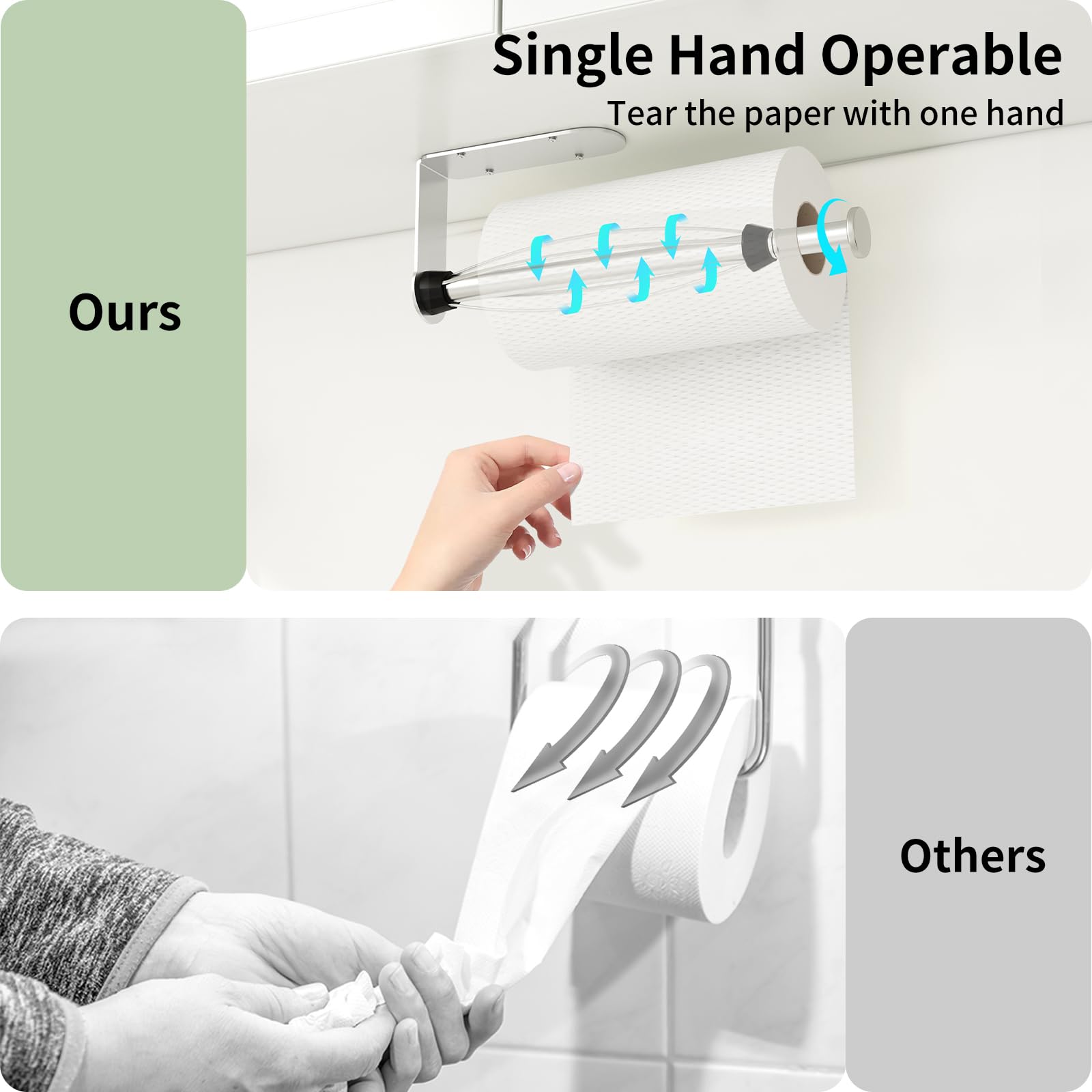 Fixwal Paper Towel Holder Under Cabinet, Single Hand Operable Wall Mount Paper Towel Holder With Damping Effect, Bend-Resistant,