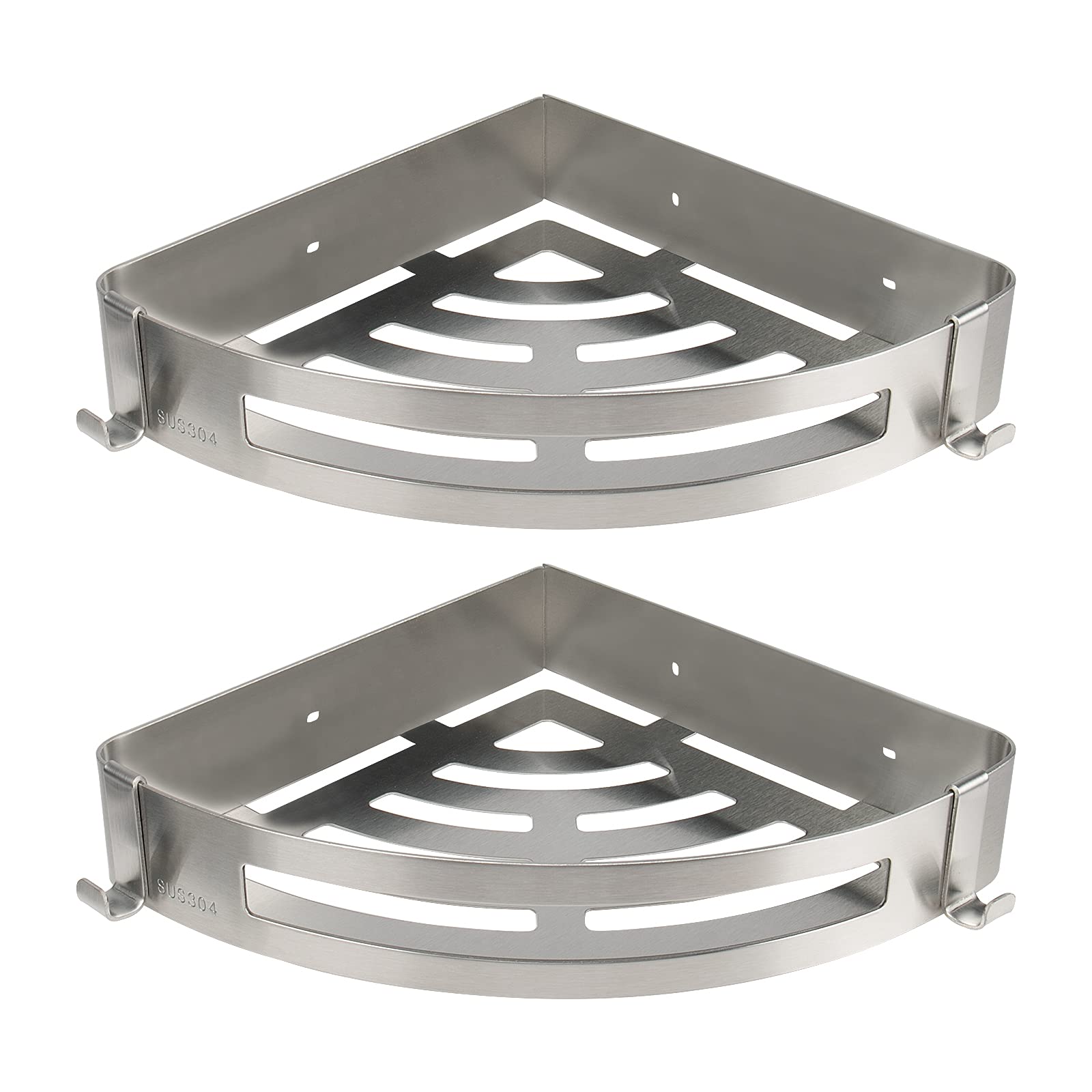 Nearmoon Bathroom Corner Shelf Shower Caddy 2 Pack, No Drill, 304 Stainless Steel, With Two Hooks (Brushed Nickel)