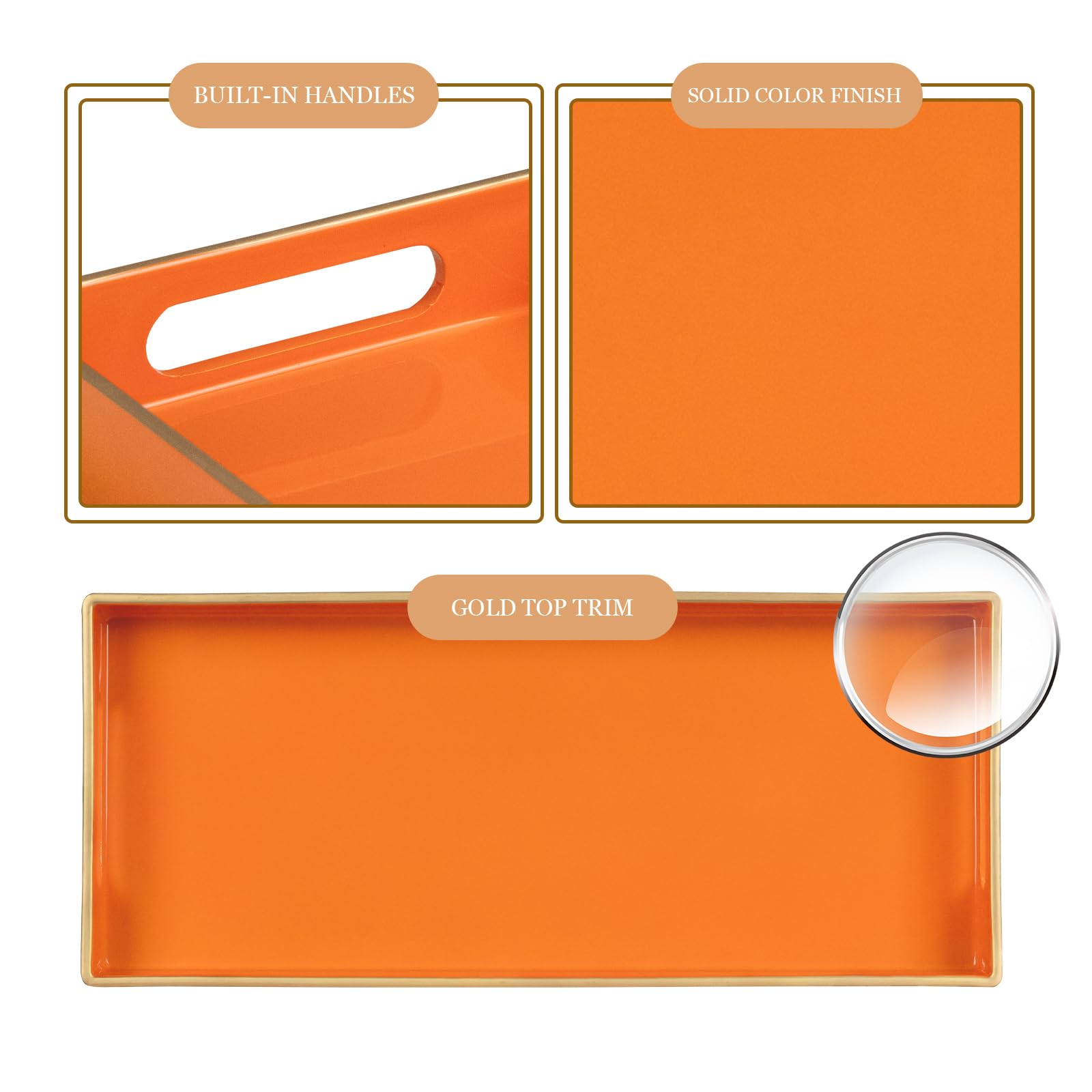 Maoname Orange Vanity Tray Set Of 2, Plastic Decorative Tray With Handles, Rectangular Bathroom Tray For Toilet Tank, Counter, 1