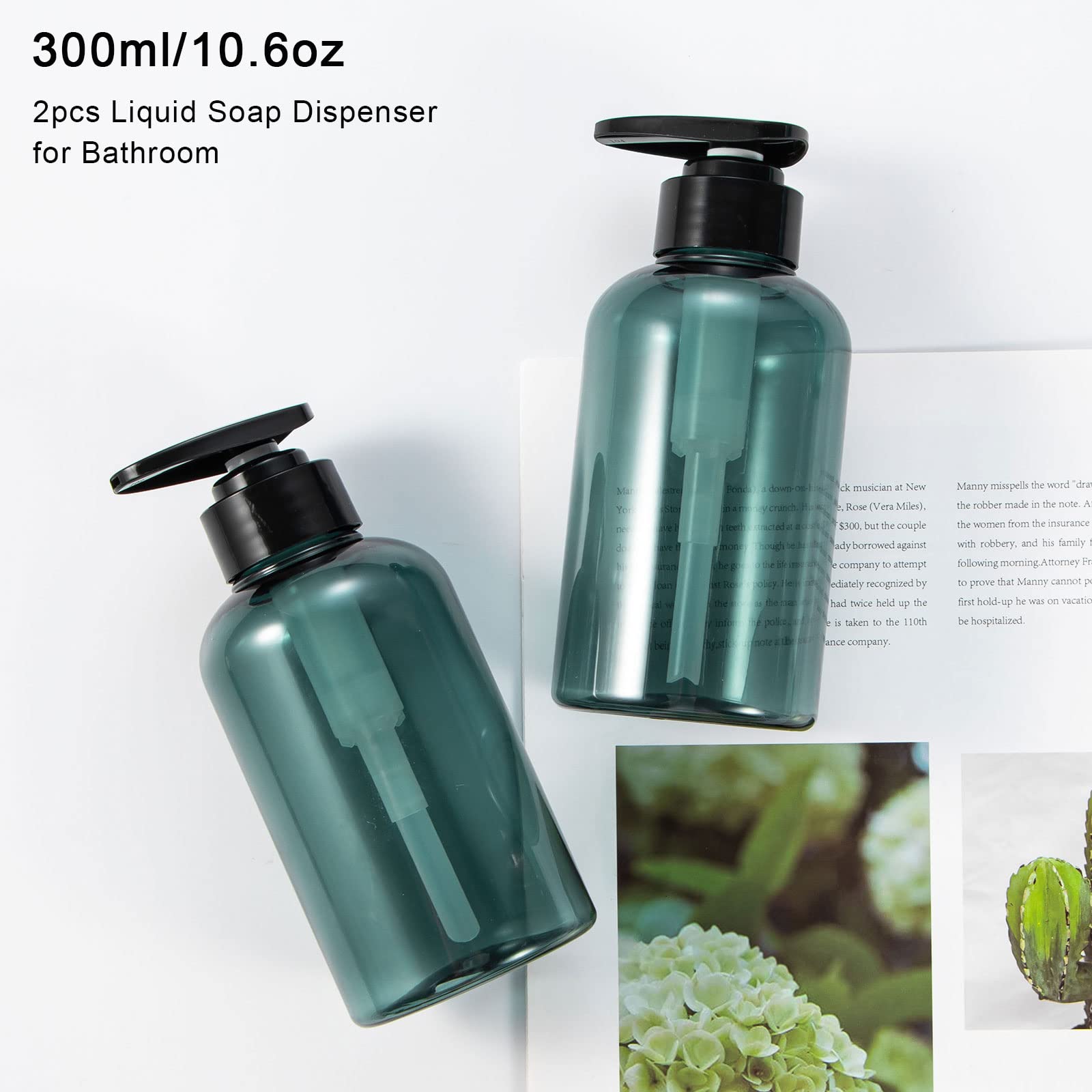 Yebeauty Pump Bottle 10Oz, 2 Pcs Shampoo Bottles Dispenser With Pump Refillable Containers, 300Ml,Clear Blue