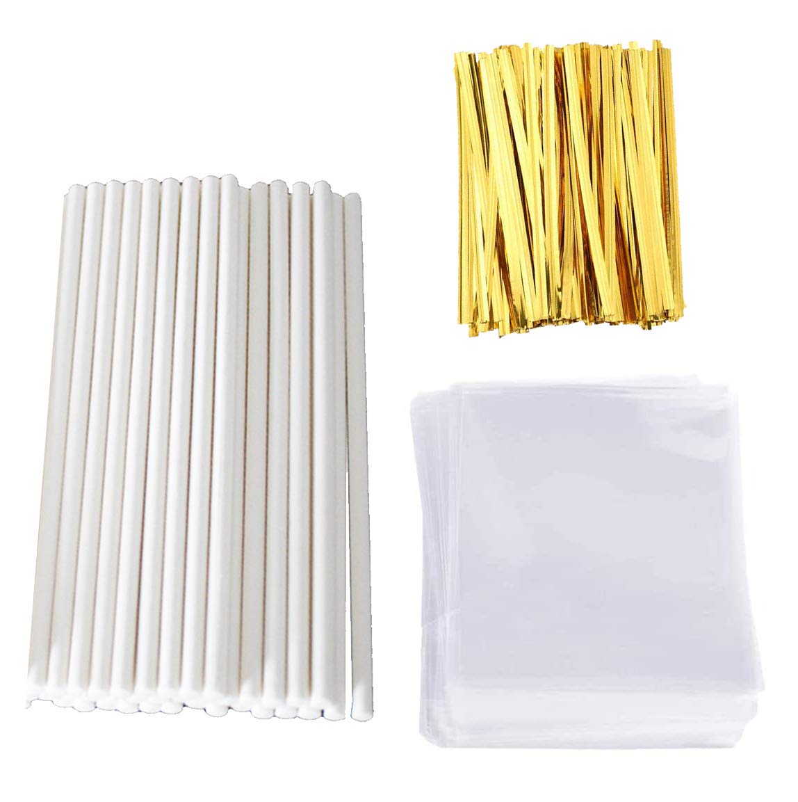 Lollipop Stick (6 Inch), Candy Wrappers And Twist Ties Set, 100 Papery Lollipop Sticks (6 Inch), 200 Lollipop Bags And 200 Twist