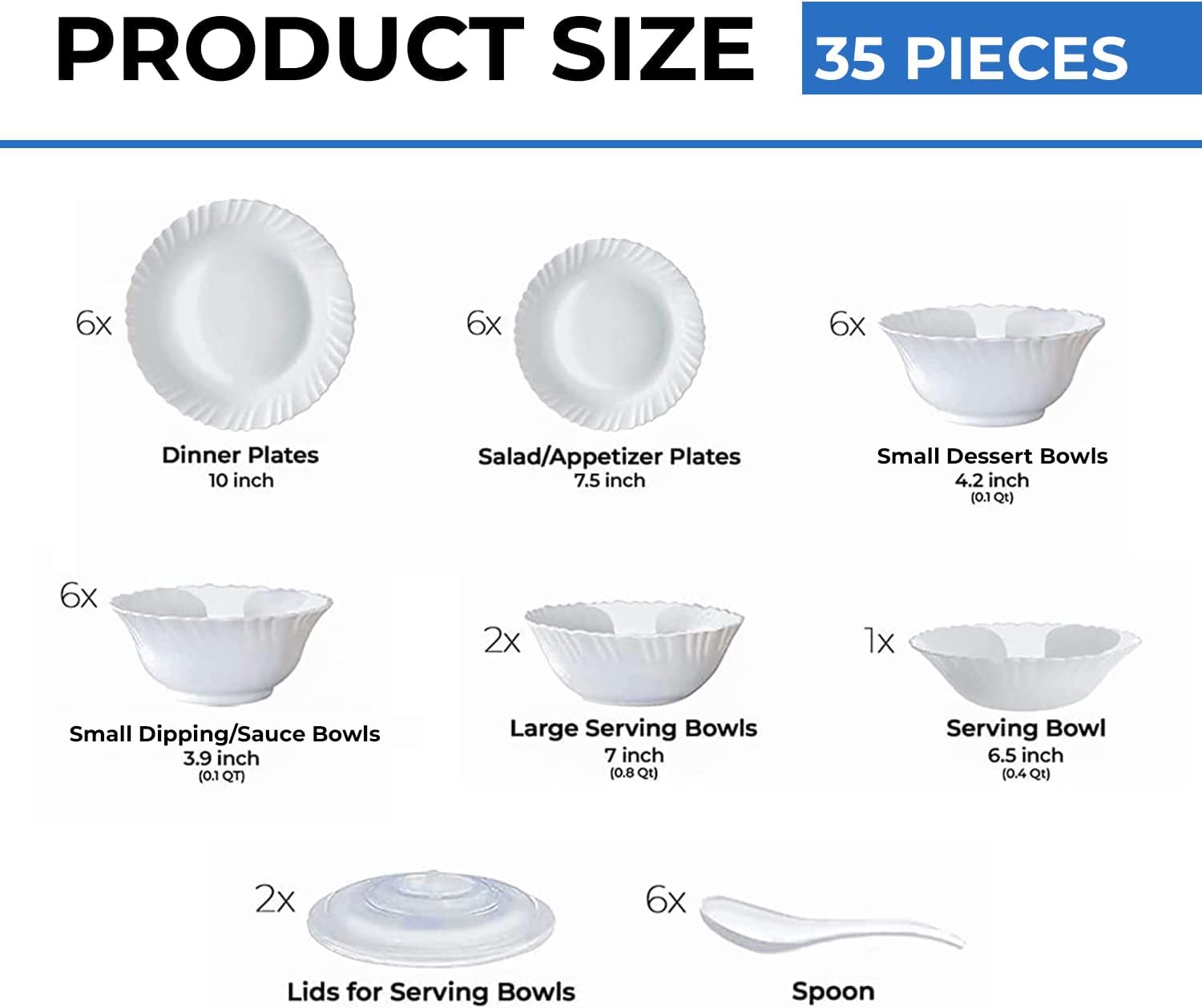 Borosil Gourmet Dinnerware Set For 6, 35 Pieces, White Dinner Plates and Bowls Sets, Chip Resistant Tempered Opal Glass, Stain R