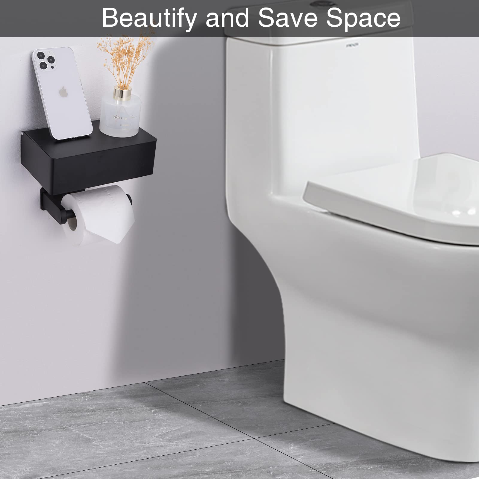 Yrong Adhesive Toilet Paper Holder With Shelf And Storage, Wall Mount Toilet Paper Roll Holder & Flushable Wipes Dispenser Set F