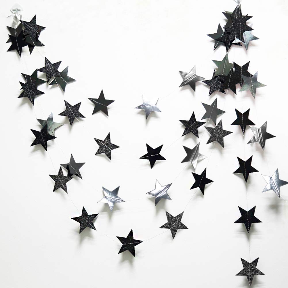 Ramadon Party Decoration Black Silver Crescent Moon Star Garlands Halloween Birthday Decorations Hanging Twinkle Star Garlands for Bday Wedding EID Retirement Graduation New Year Even Party Suppies
