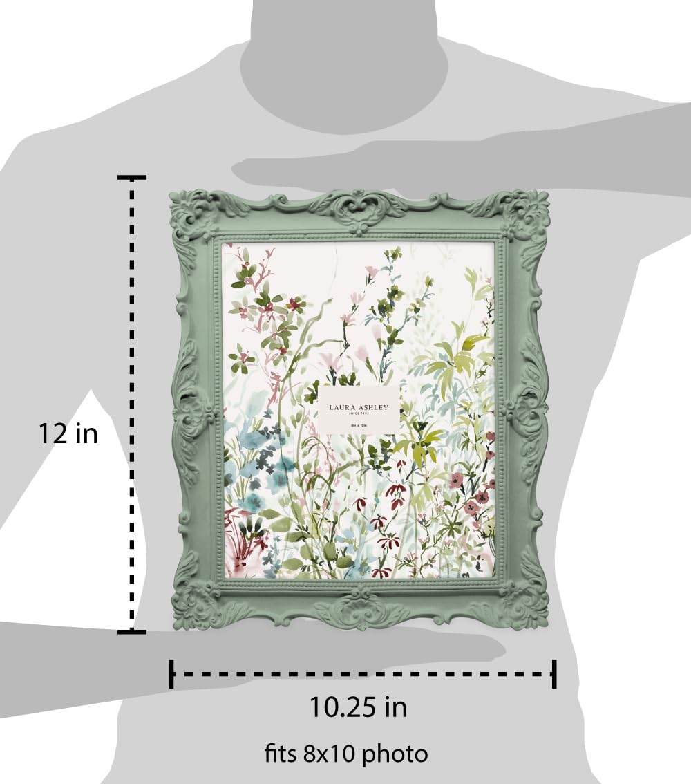Laura Ashley 8x10 Matt Rosemary Ornate Textured Hand-Crafted Resin Picture Frame with Easel, for Tabletop & Wall Display, Decora
