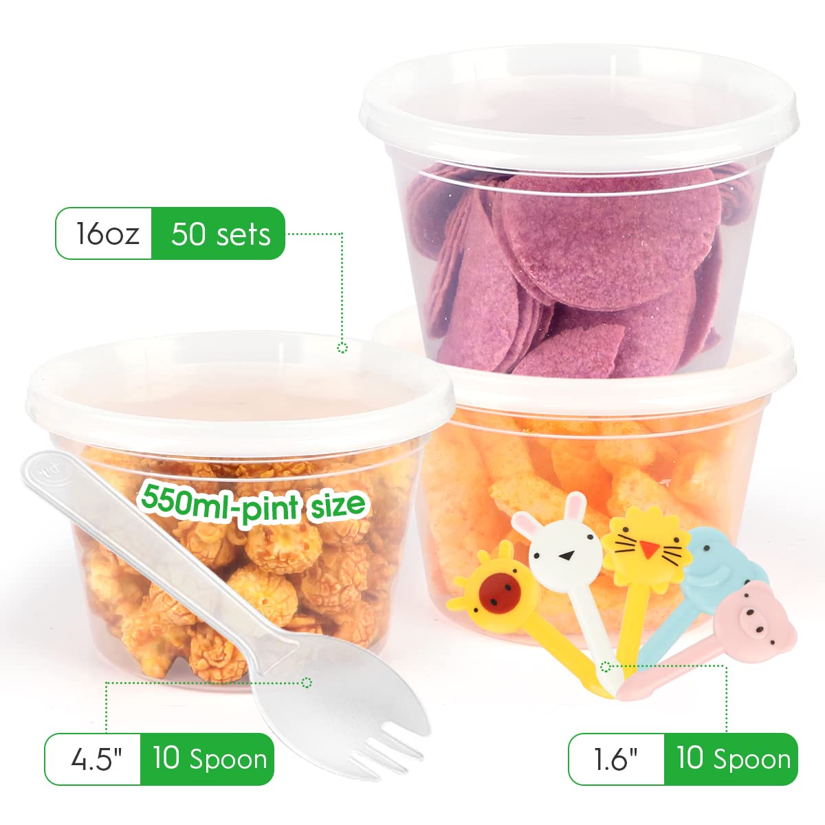 Zizoti [50 Pack,16Oz] Combo Food Storage Containers With Lids, Airtight Deli Food Containers W 10 Spoons, Bpa-Free Leakproof Tak