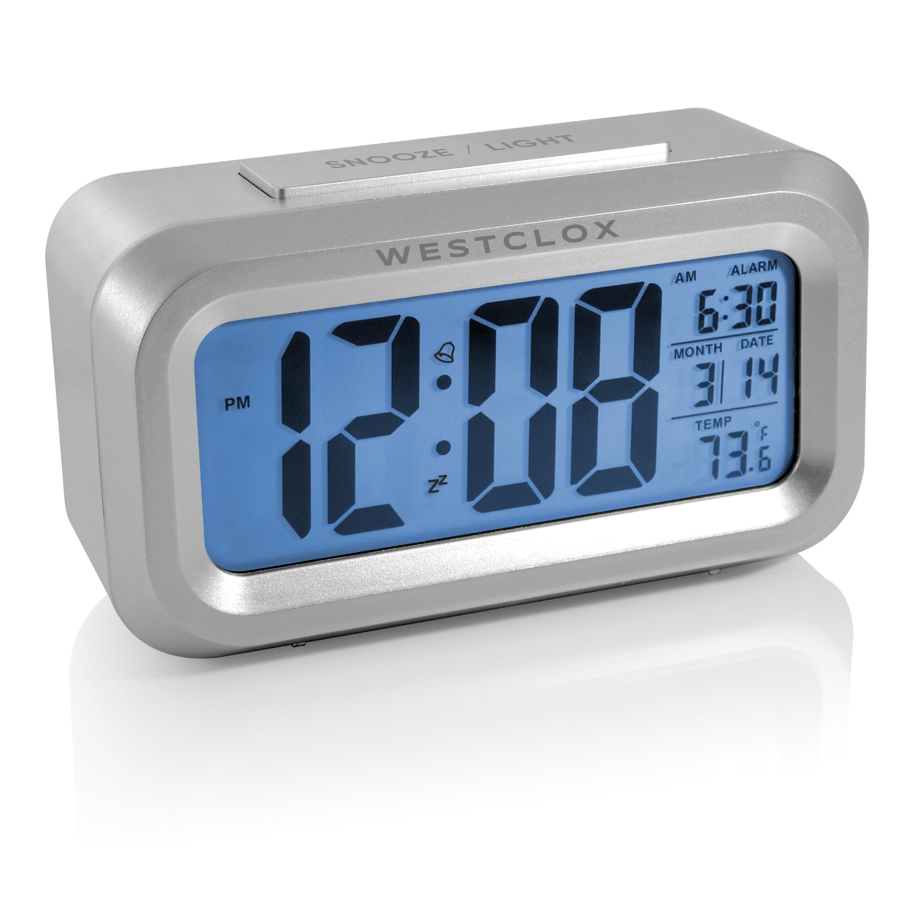Westclox Travel Alarm Clock with Large Digital Display and Blue Backlight on Demand, Alarm Clock, Month/Date and Temperature Dis