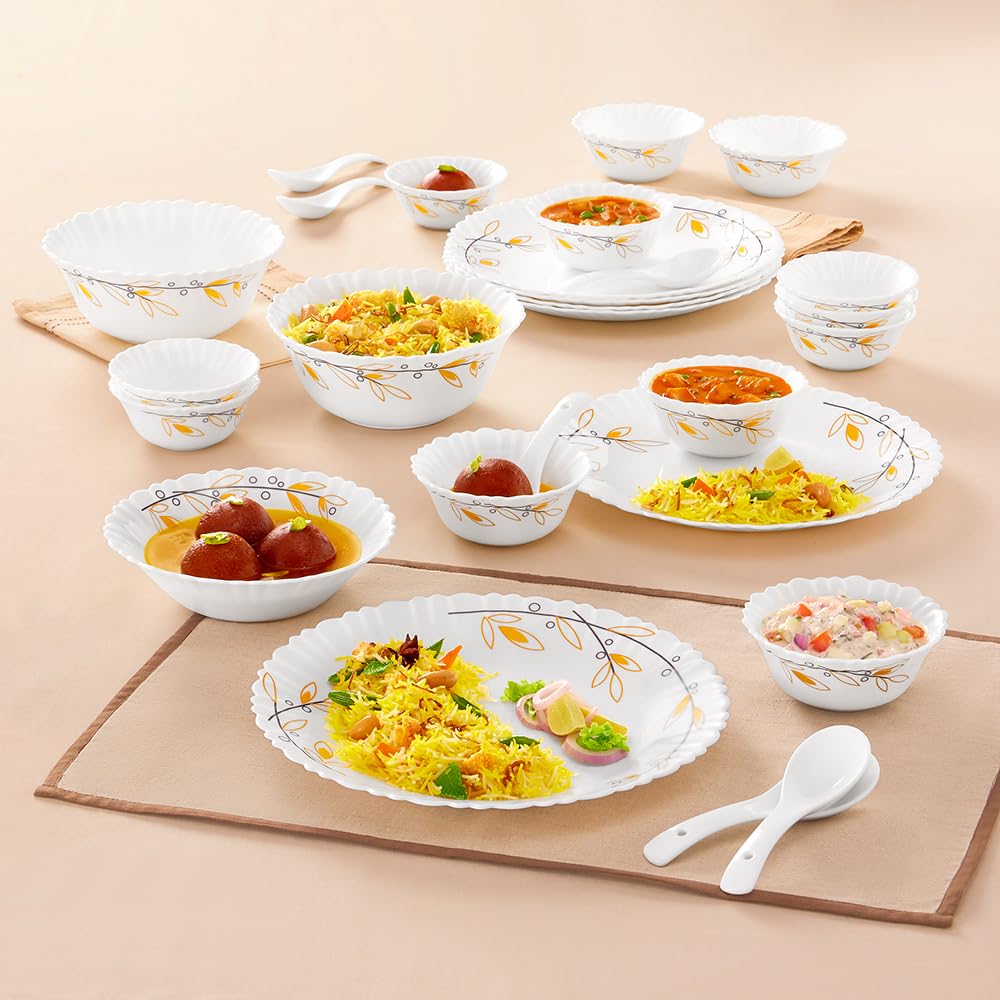 Larah By Borosil Bella Silk Series Opalware Dinner Set | 27 Pieces For Family Of 6 | Microwave & Dishwasher Safe | Bone-Ash Free