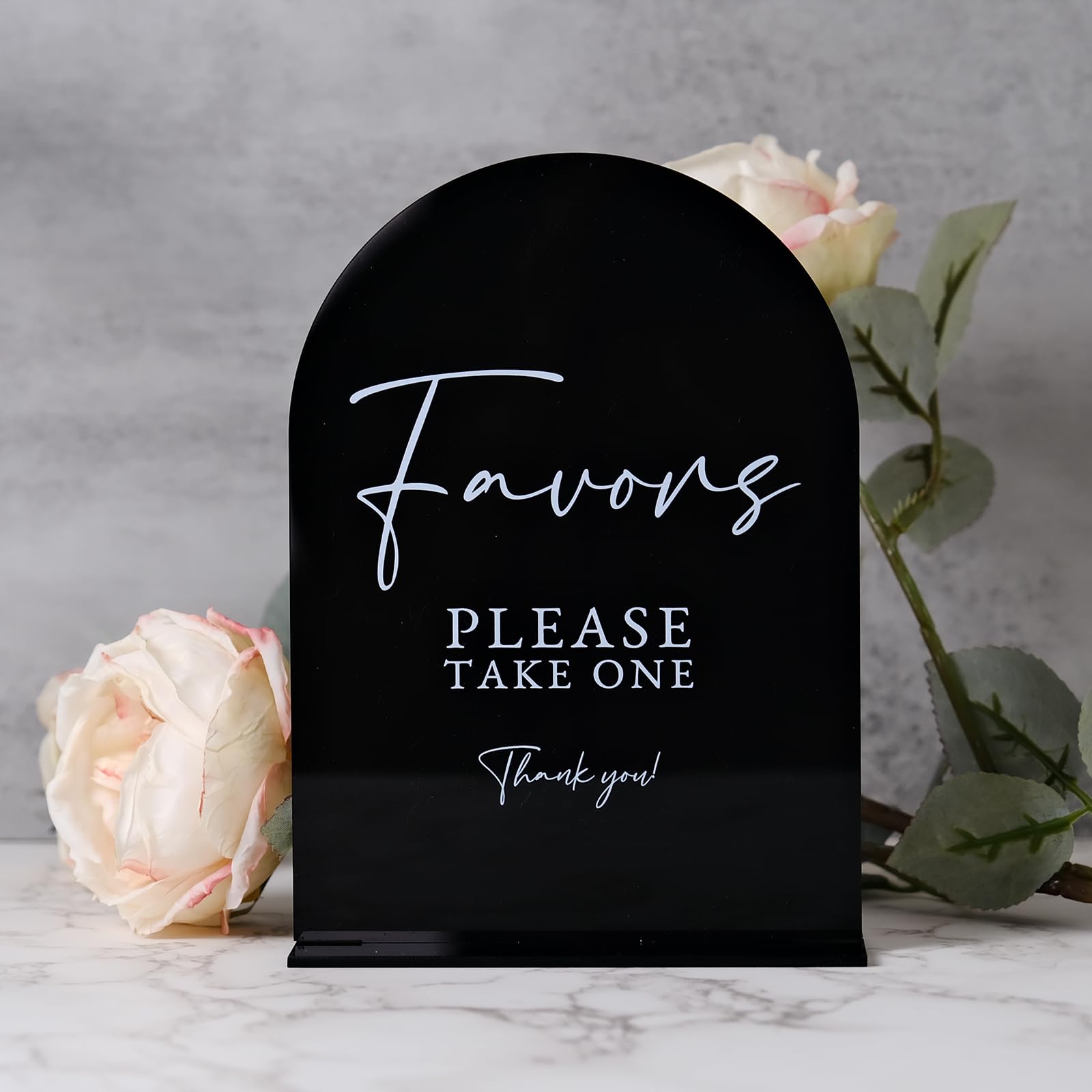 Acrylic Favors Sign with Stand- 5x7 Black Arched Wedding Sign and Base,1/8 Thick | Modern Calligraphy Arch Acrylic TableTop Sign