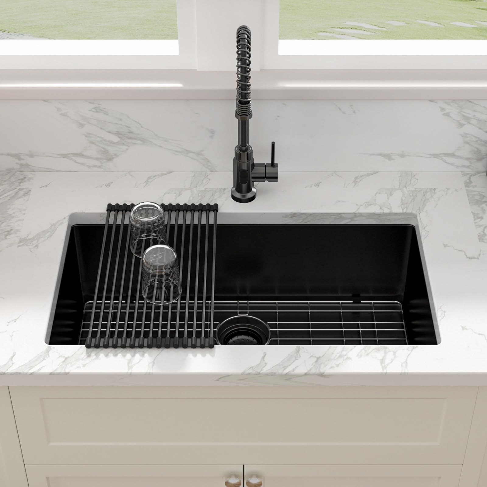 Sarlai 32 Matte Black Undermount Kitchen Sink - 32X19 Inch Kitchen Sink Undermount With Ledge Nano-Tech Round Corner 16 Gauge St