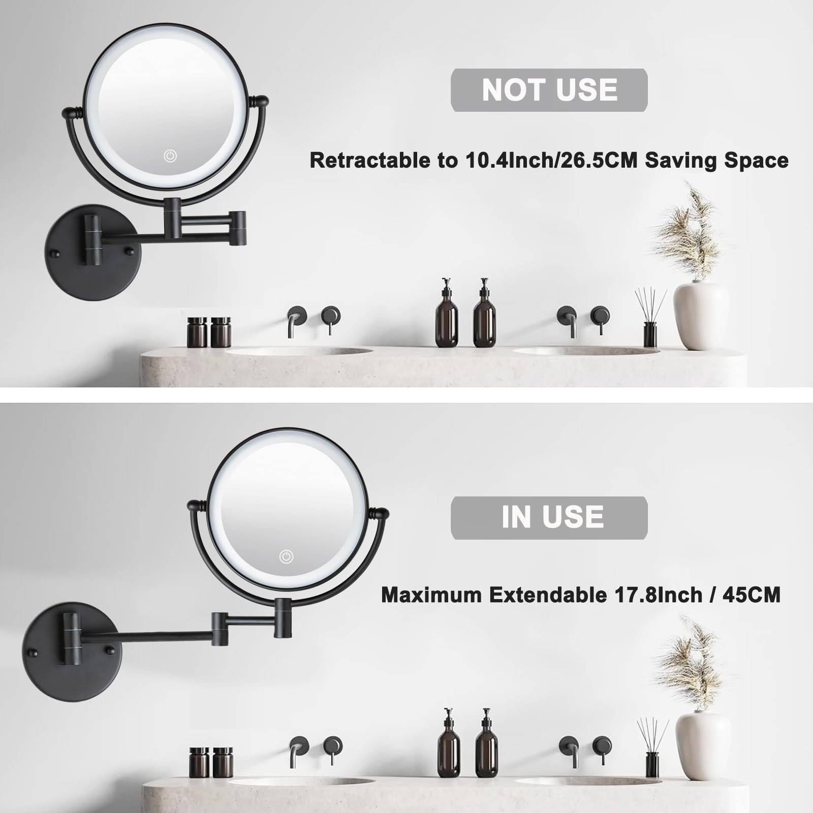 Ledoole Wall Mounted Makeup Mirror With Lights And 10X Magnification, 8-Inch Rechargeable Double Sided Magnifying, Touch Dimmabl