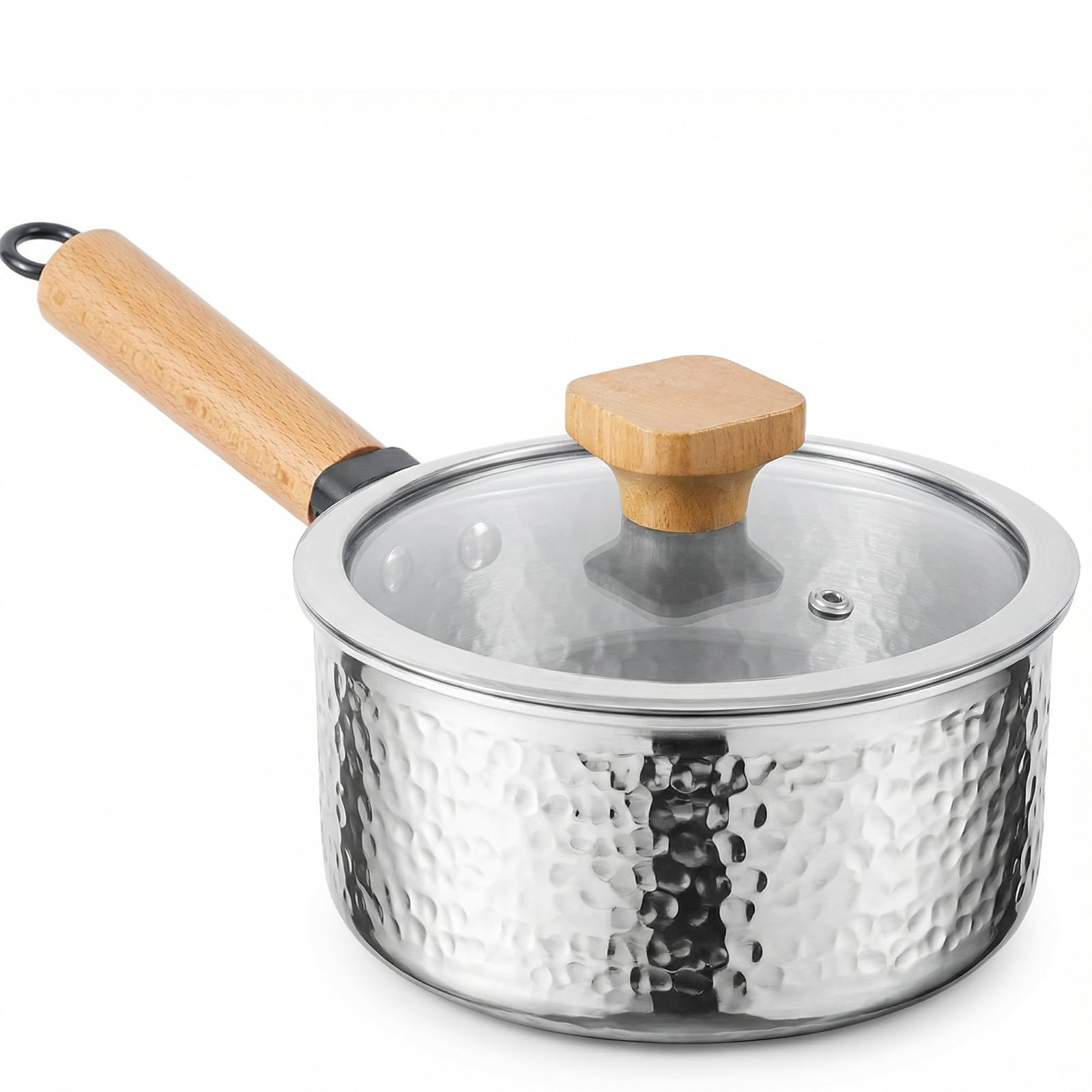 WANGYUANJI 1.8 Quart Stainless Steel Saucepan with Lid, TriPly Steel Small Sauce Pan, CoatingFree Interior, Hammered Finish, I