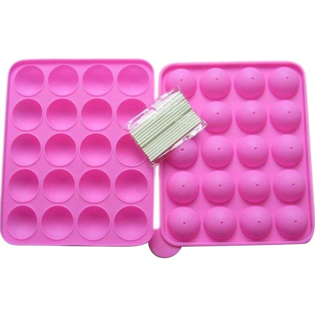 Rbenxia Silicone Cake Mold 20-Cavity Half Circle Lollipop Party Cupcake Baking Mold Cake Pop Stick Mold Tray Hot Pink With 25 St