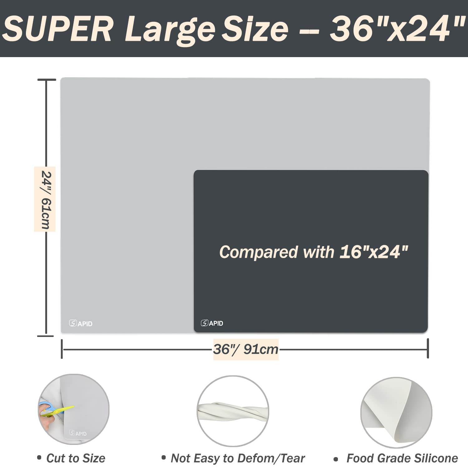 Extra Large Silicone Mat 36'' x 24'' Place Mats  Heat Resistant Mat for Kitchen Countertop Protector  Thick Placemats Washable Silicone Mats for Kitchen Counter Mat Dining Table Mat  Grey  Sapid