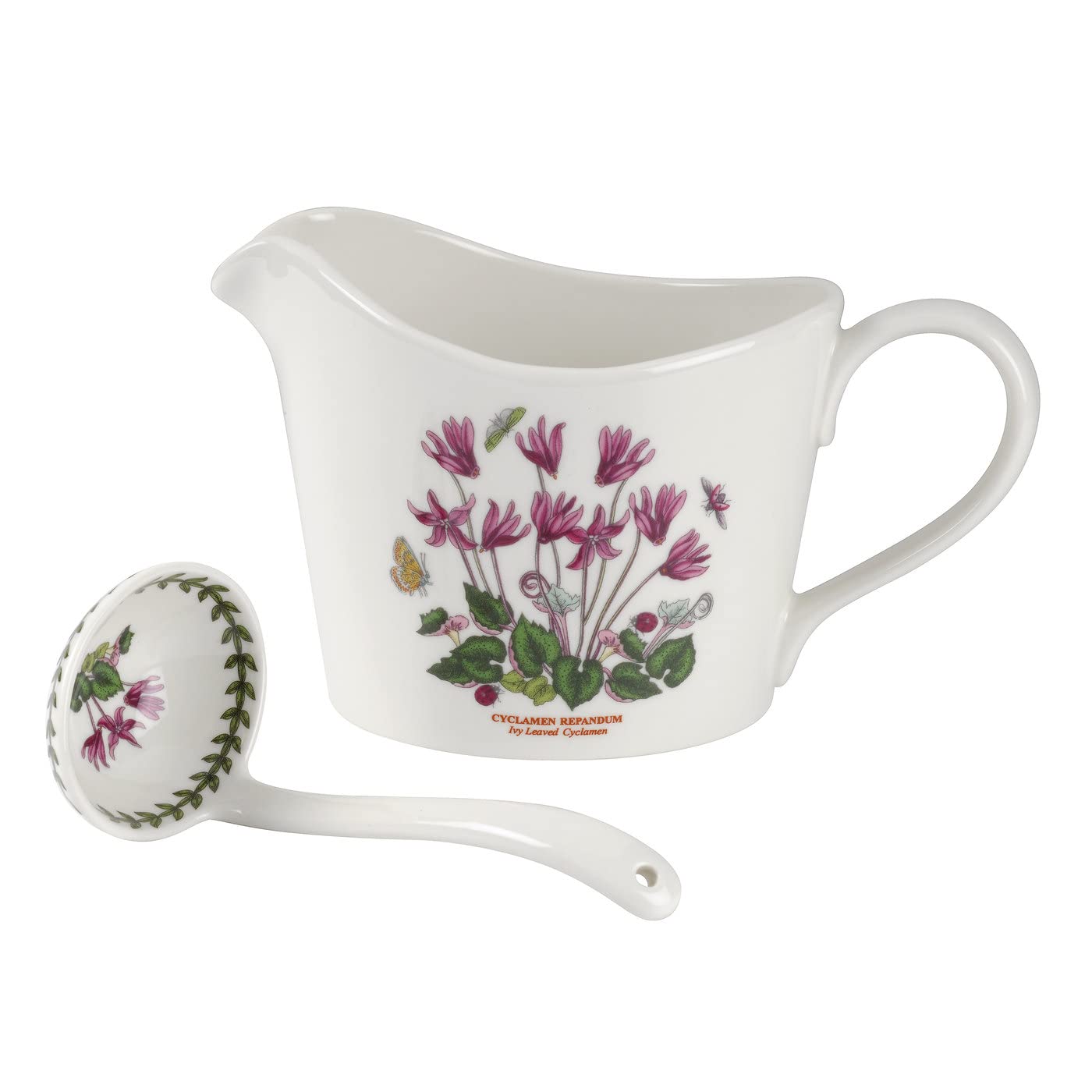 Portmeirion Botanic Garden 2-Piece Sauce Jug And Ladle Set | 1 Pint Capacity | Cyclamen Motif | Fine Porcelain | Chip Resistant
