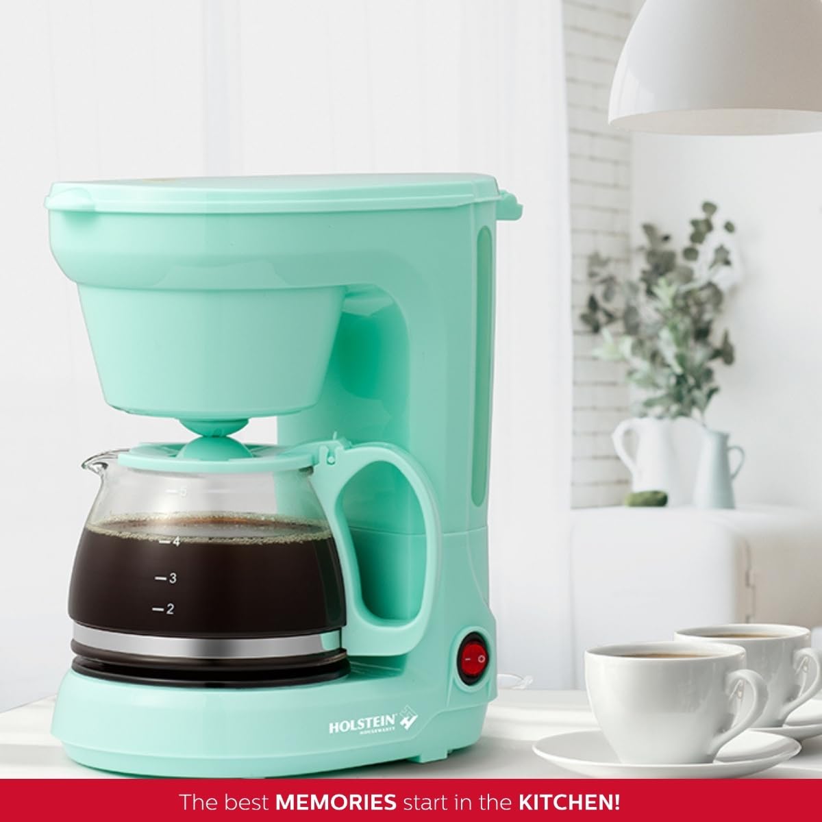 Holstein Housewares 5 Cup Drip Coffee Maker, Mint - Borosilicate Glass Carafe, Permanent Filter, Auto Pause, Keep Warm Functions, Model HH-0914701I