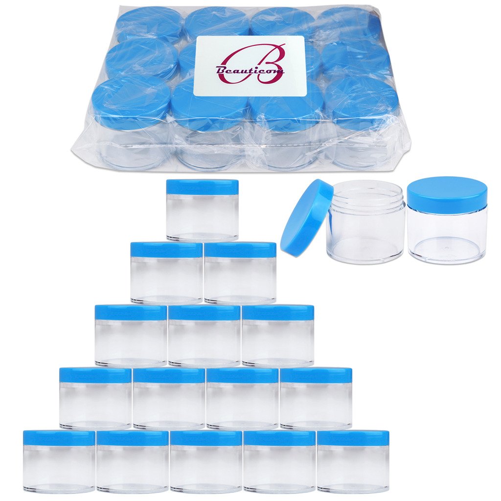 Beauticom 60 Grams/60 Ml (2 Oz) Round Clear Leak Proof Plastic Container Jars With Blue Lids For Travel Storage Makeup Cosmetic