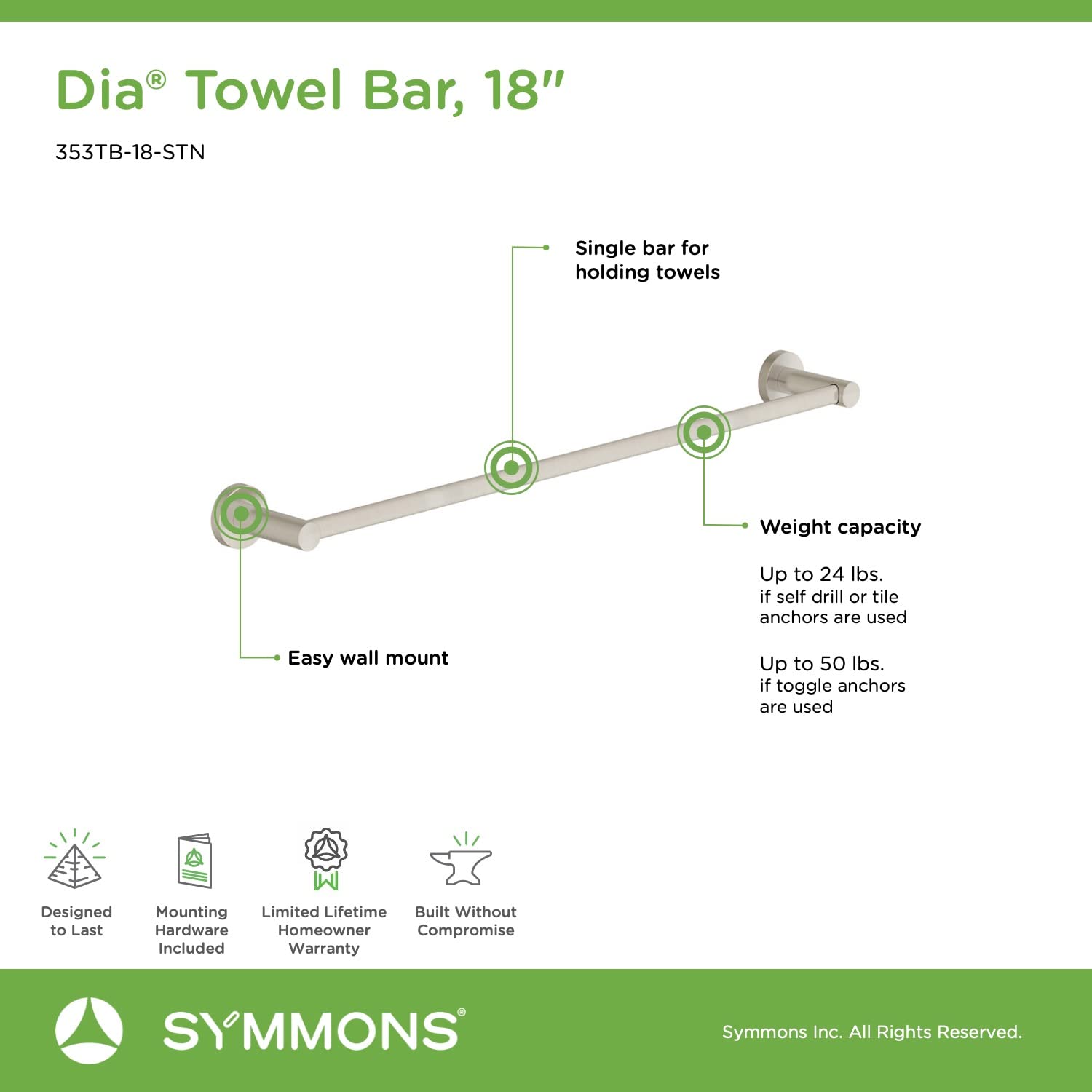 Symmons 353Tb-18-Stn Dia 18 In. Wall-Mounted Towel Bar In Satin Nickel
