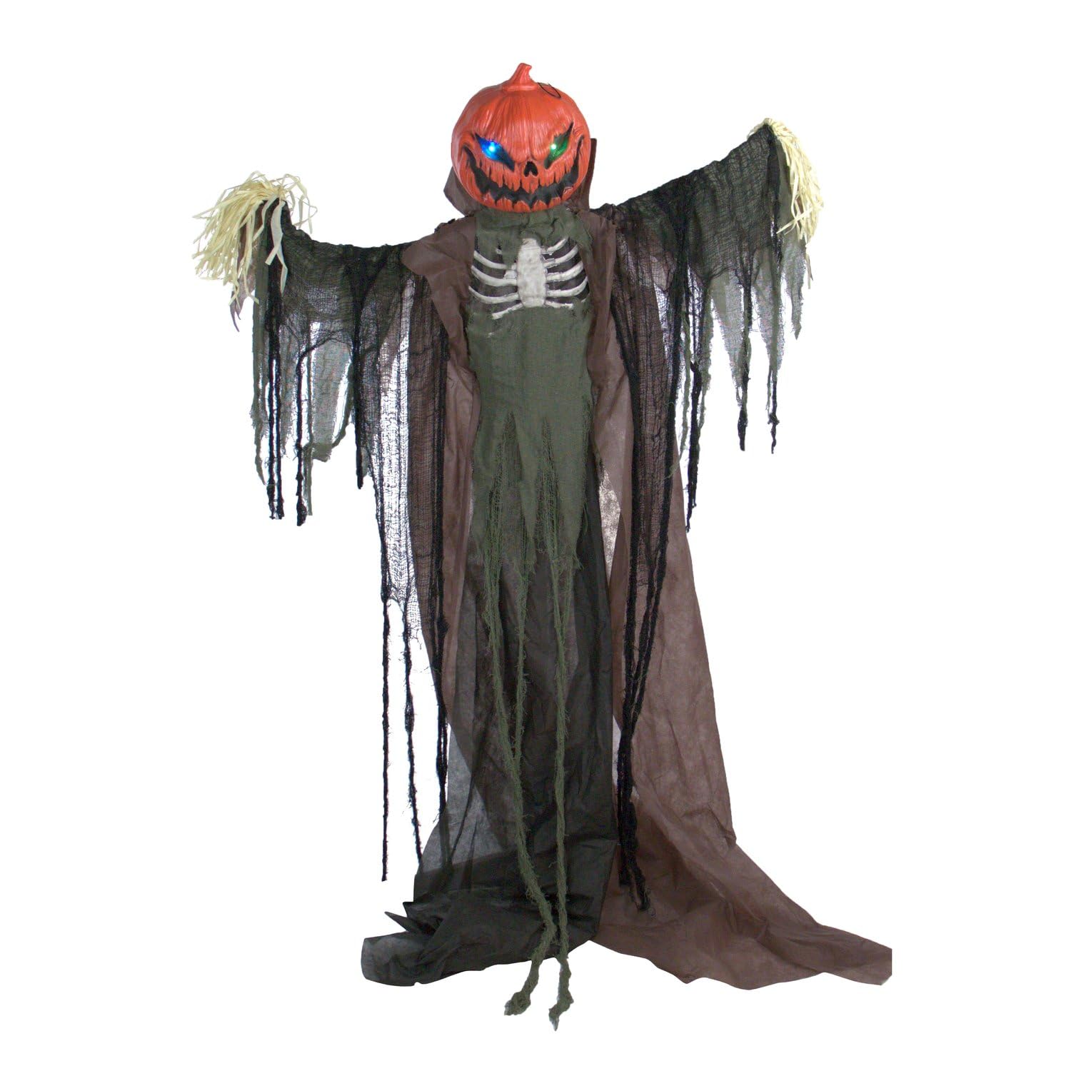 Haunted Hill Farm Life-Size Poseable Pumpkin Scarecrow, Halloween Animatronic with Touch Activated Lights and Sound, Scary Frigh