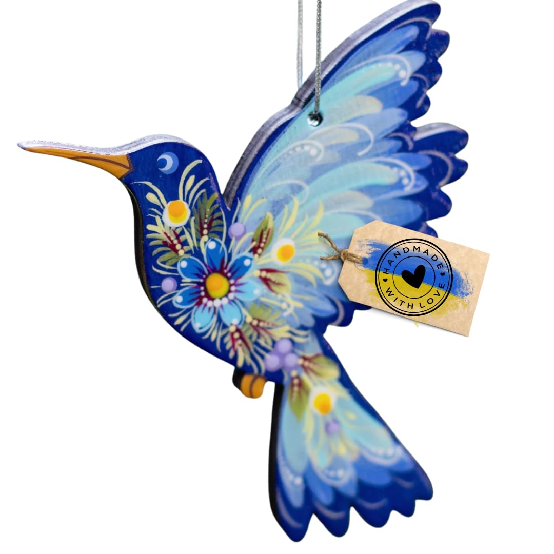 Humminbird Christmas Ornament Made of Wood Hand-Painted Ukrainian Folk Art - Petrykivka Painting