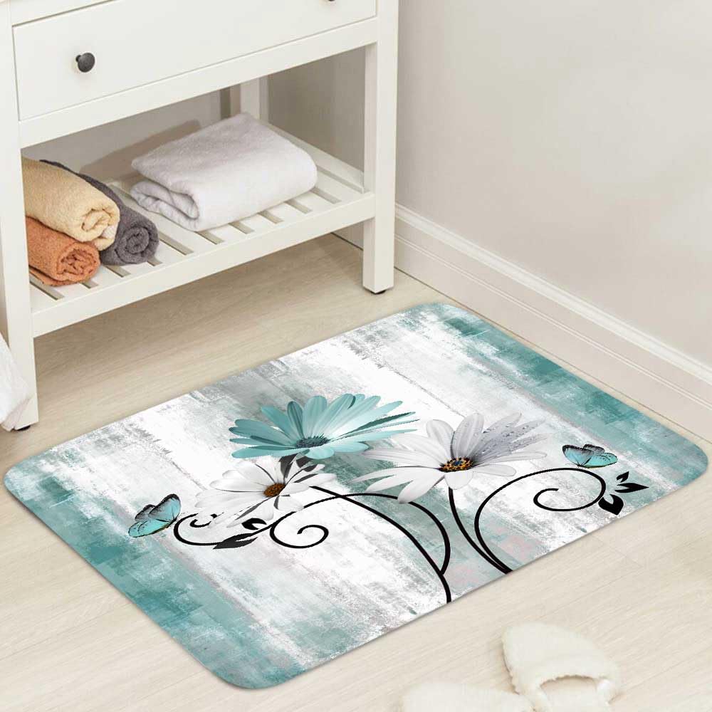 Rustic Farmhouse Bath Rug, Farm Teal Daisy Floral Flowers And Butterfly On Country Wooden Bath Mat Turquoise Blue Kitchen Rug Fl
